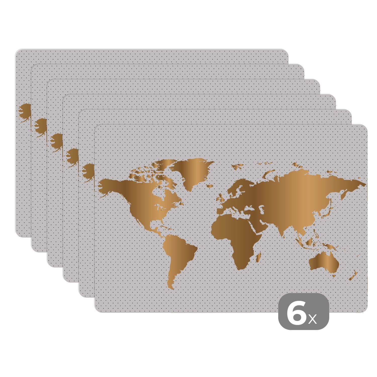 Platzset, Weltkarte - Punkte - Gold, MuchoWow, (6-St), Platzset, Platzdecken, Platzmatte, Tischmatten, Schmutzabweisend