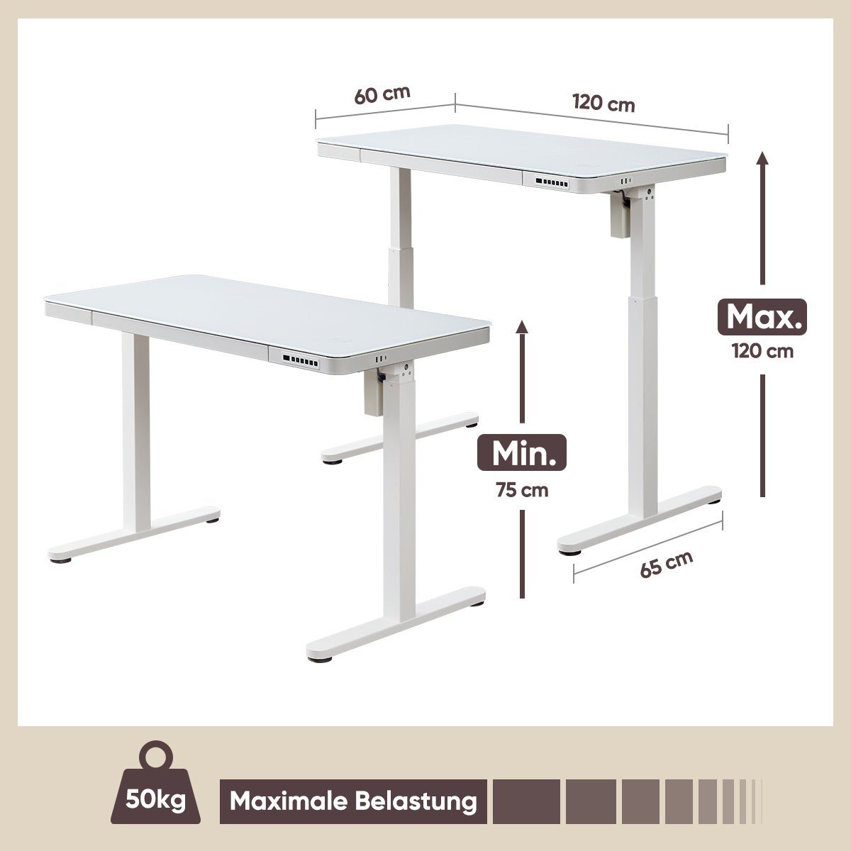 x Höhenverstellbar Tisch Höhenvestellbarer cm Arbeitstisch KOWO Schreibtisch mit Bürotisch, 60 Ladegerät Schubladen, Computertisch Schreibtisch Elektrisch 120 Glas-Weiß