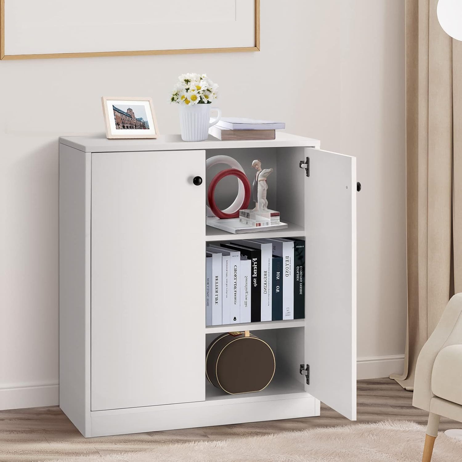 COSTWAY Kommode Wohnzimmer modern Sideboard mit verstellbaren Regalen, weiß