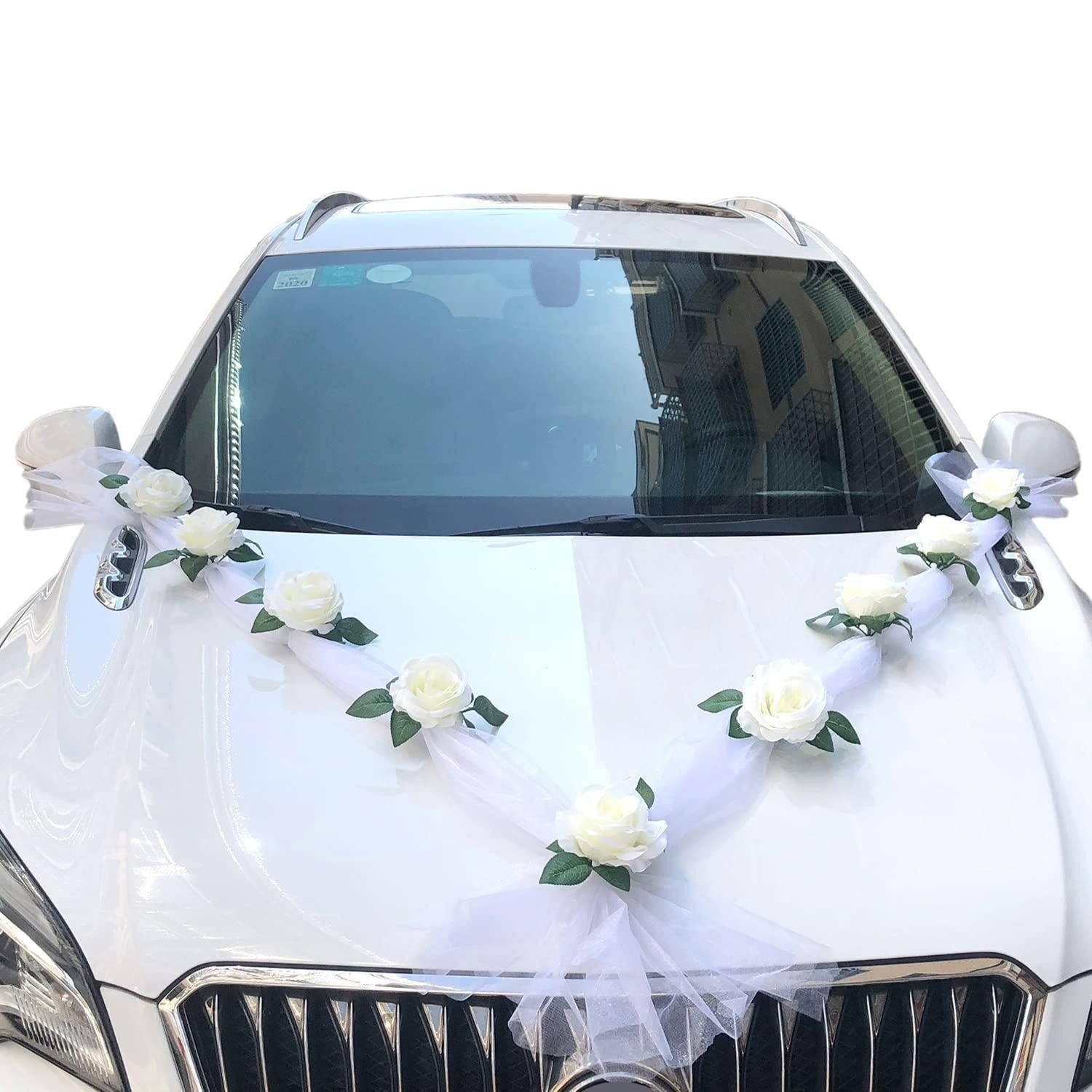 LuxusKollektion Girlande Hochzeitsdeko Auto Weiss 2 Tüll 9 Kunstblumen