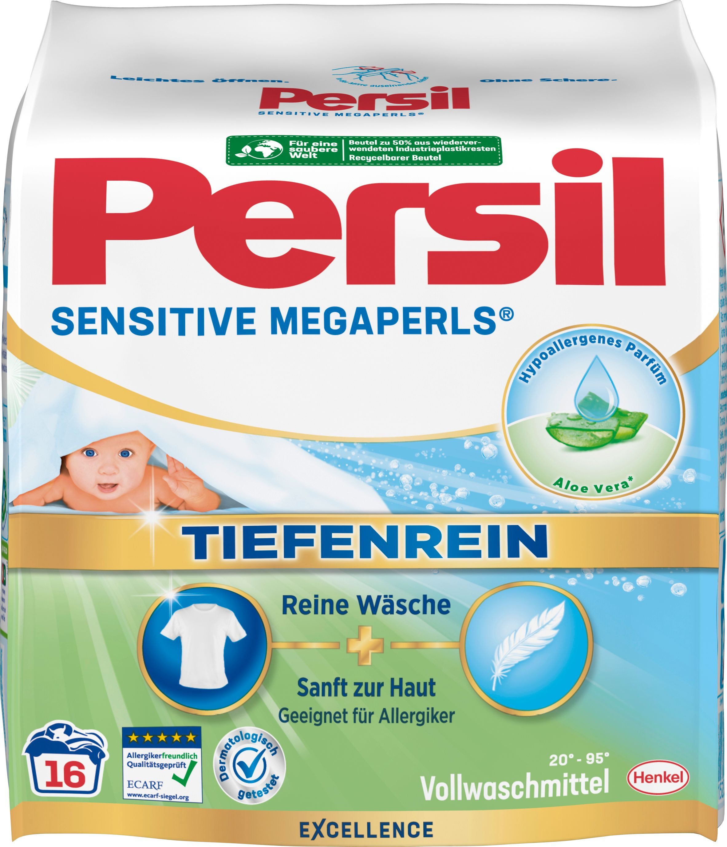 Persil Sensitive Megaperls 4 x 16 WL (64WL) Vollwaschmittel (Spar-Pack, [64-St. Waschperlen für Allergiker & Babys)
