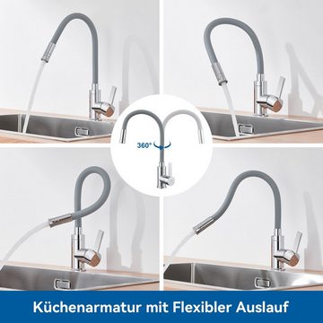 AuraLum pro Küchenarmatur Wasserhahn Küchen mit Flexible Silikonschlauch Hochdruck Mischbatterie mit 2 Strahlarten,360° Drehbar,Grau