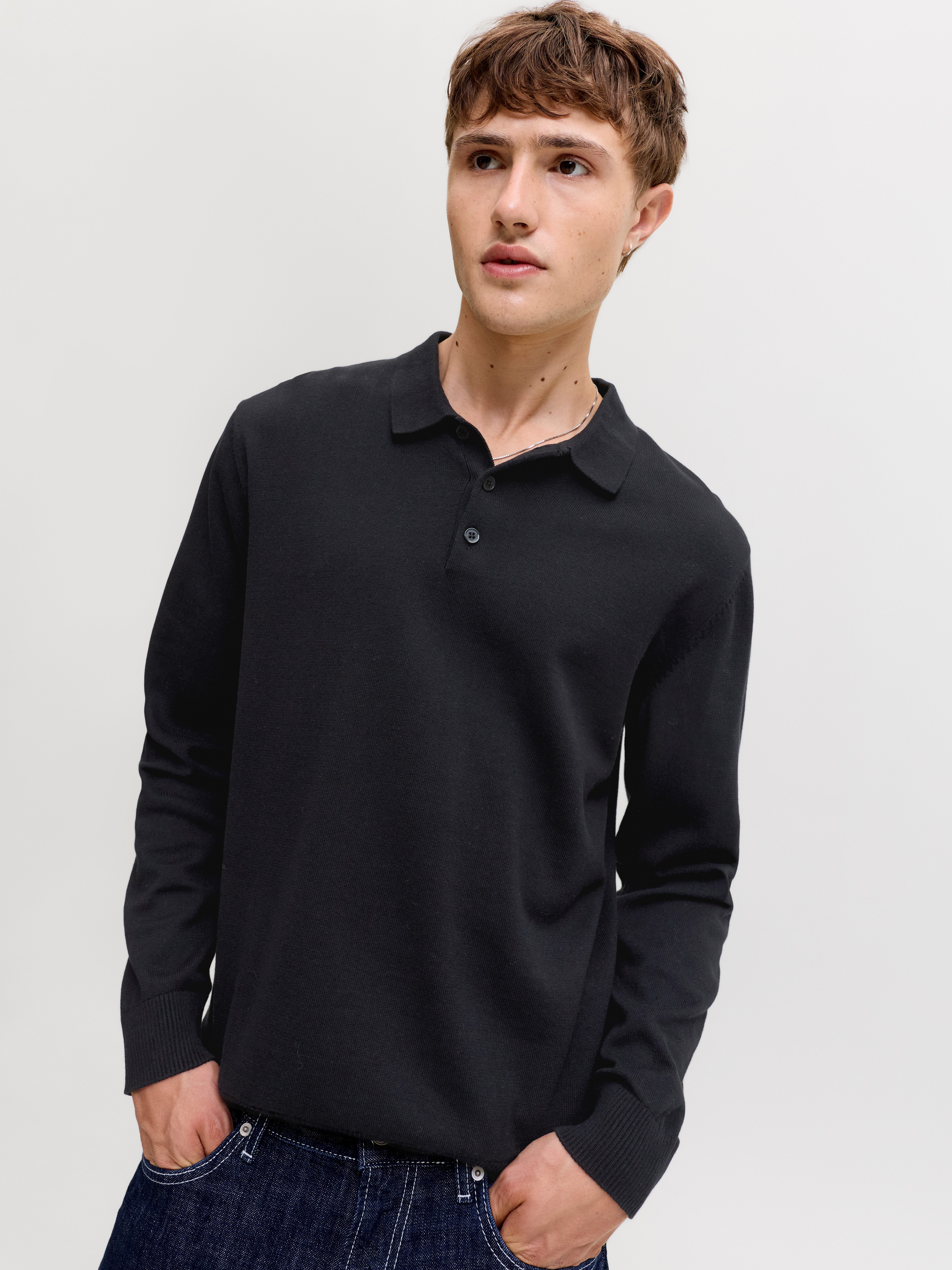 Jack & Jones Polokragenpullover JJEBASIC KNIT LS POLO SN Baumwolle, normal geschnitten – Bild 2 von 5