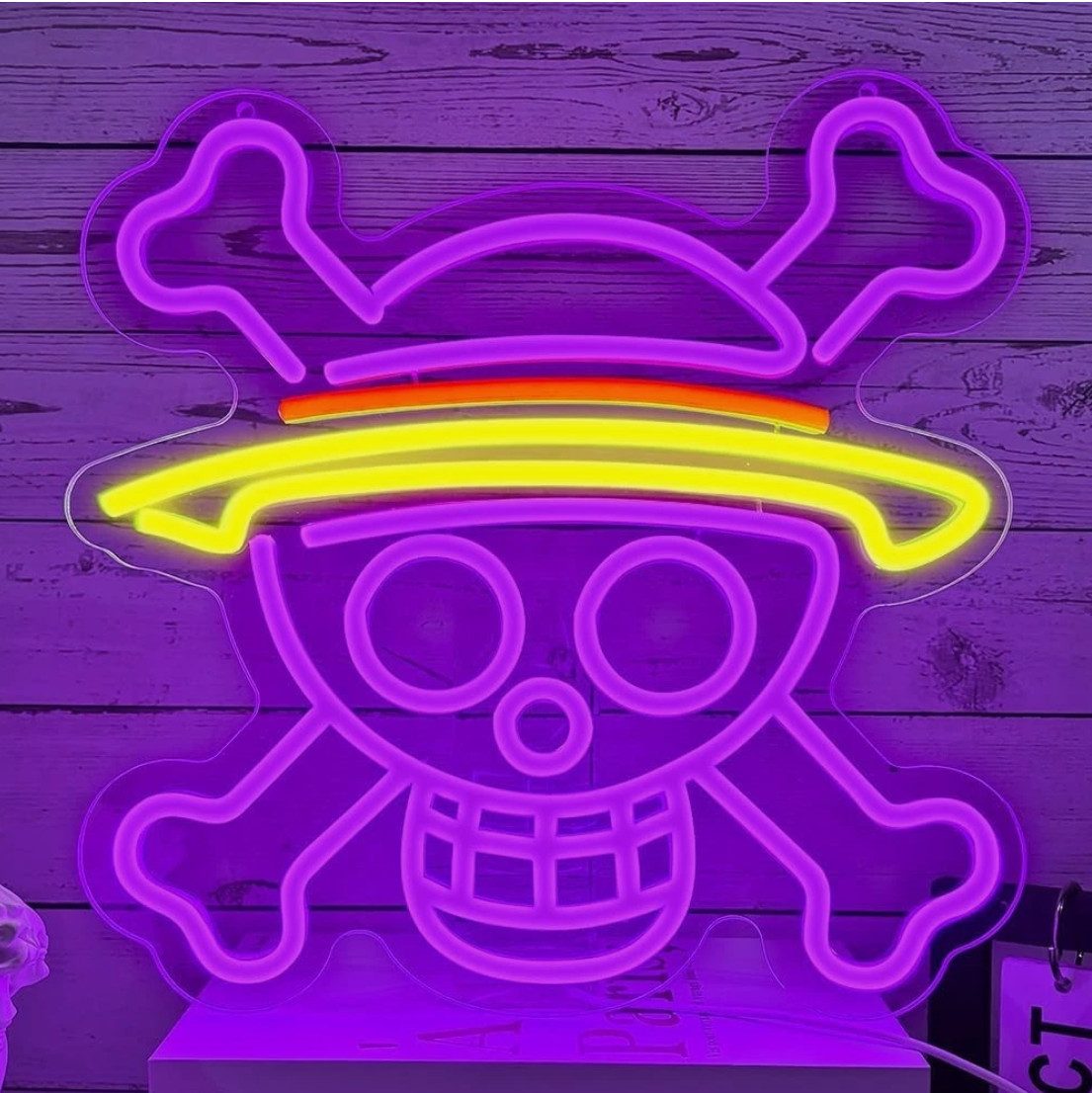 TSE LED Nachtlicht Strohhut Neon Schild Totenkopf LED USB Anime Wandlampe Deko 32x31,5cm