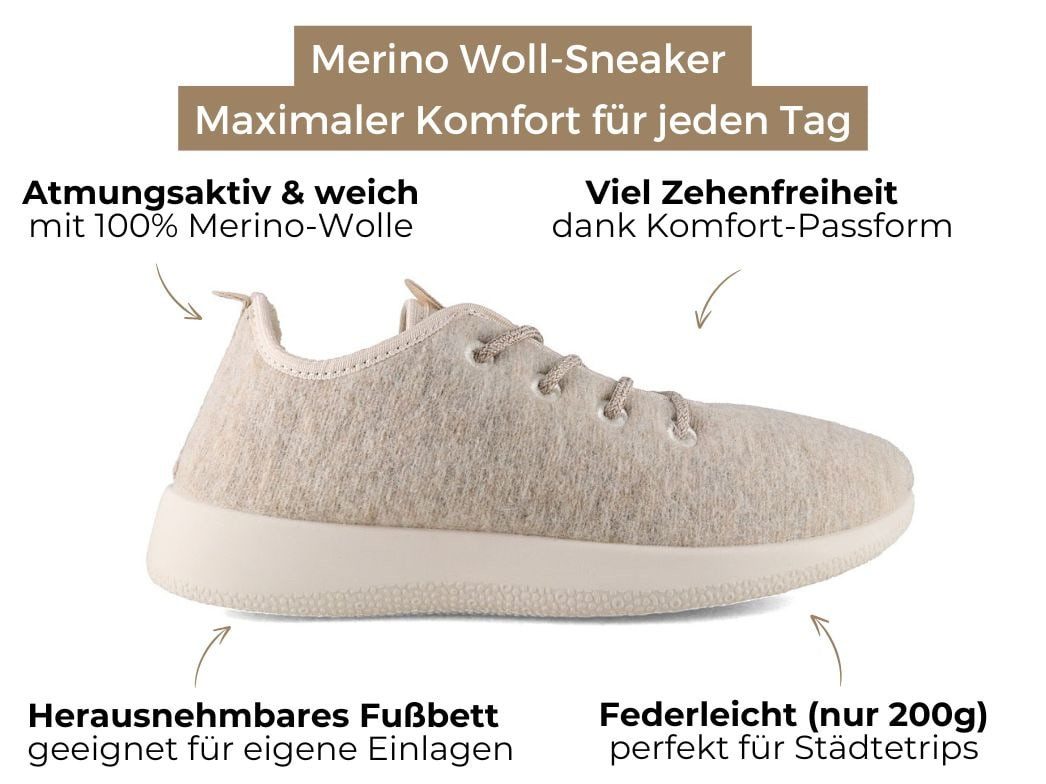 WoolFit Woll-Sneaker Hausschuh 100 % Merino-Wolle aus der EU (Eco5-zertifiziert)