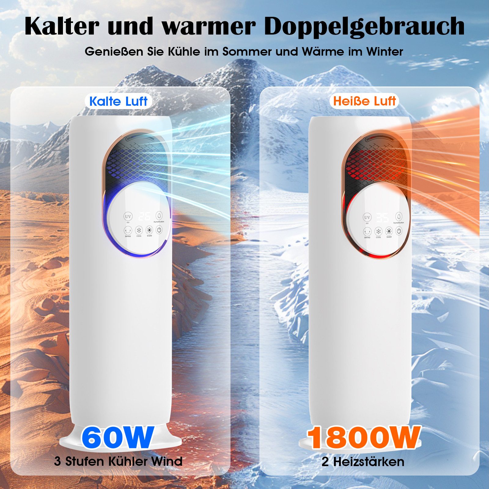 Rebonique Turmventilator Klimaanlage mit Heizlüfter/Luftkühler/Luftbefeuchter, 4L Wassertank, 3 Geschwindigkeiten für Schlafzimmer Büro Wohnzimmer