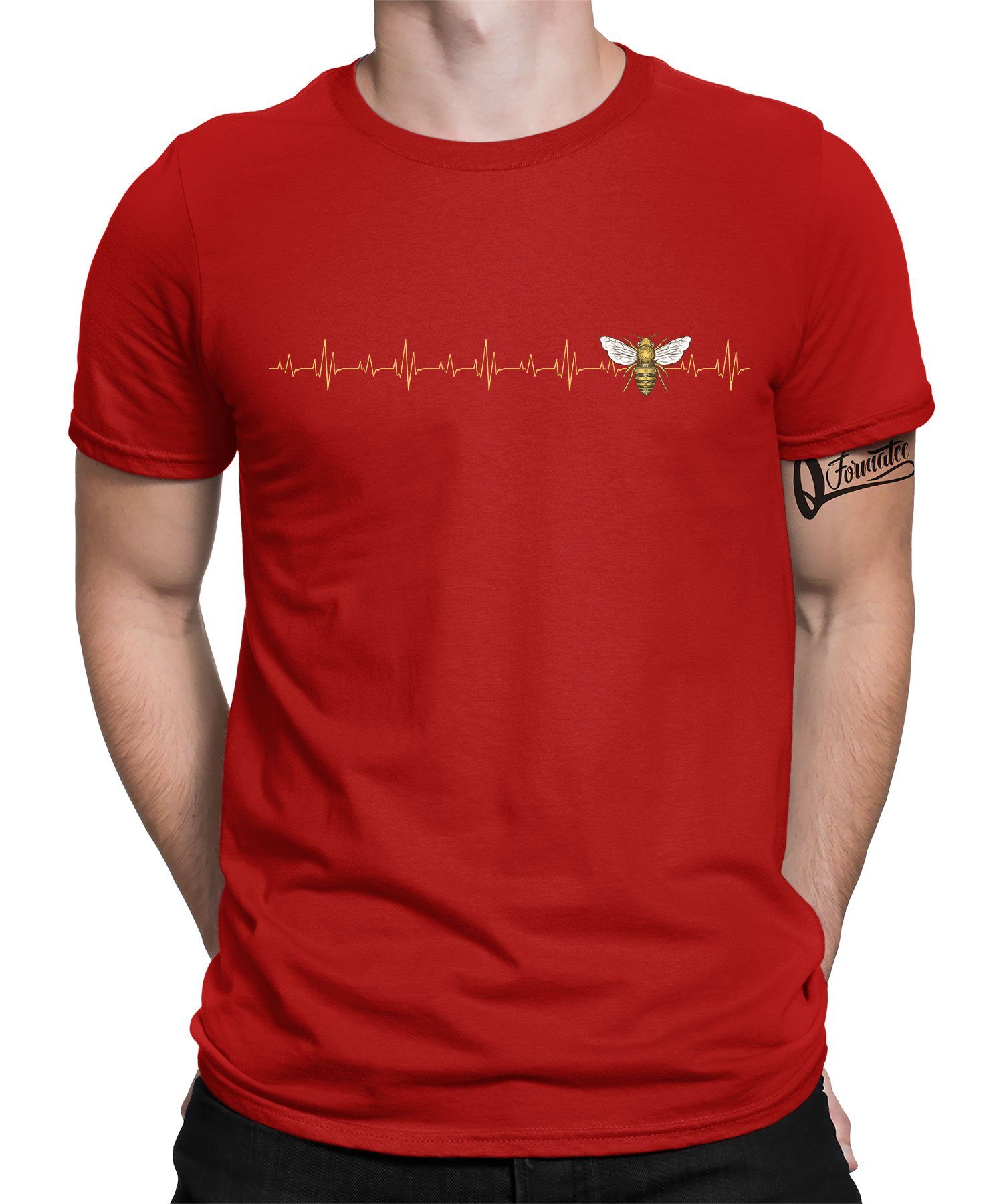 Quattro Formatee Kurzarmshirt Herzschlag - Biene Imker Honig Herren T-Shirt (1-tlg) Rot