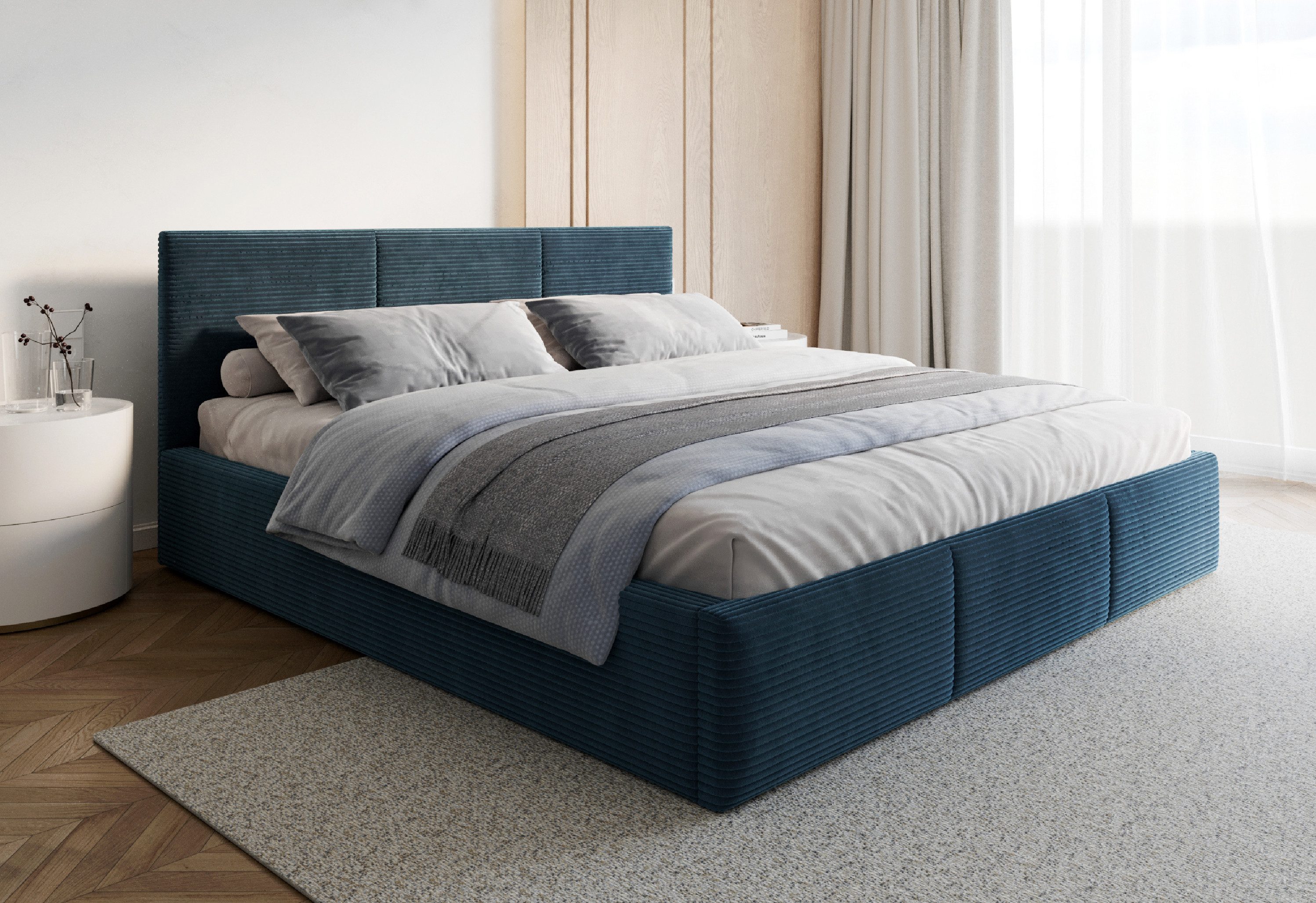 FDM Polsterbett AMBER modern mit Bettkasten MADE IN EU - mit Cord Bezug (verfügbar 90x200 120x200 140x200 160x200 180x200cm, Bettrahmen, Bett, mit großen gepolsterten Kopfteil, mit Bettkasten zum aufklappen), Hebbarer Metallrahmen, Bettkasten, mit/ohne Matratze