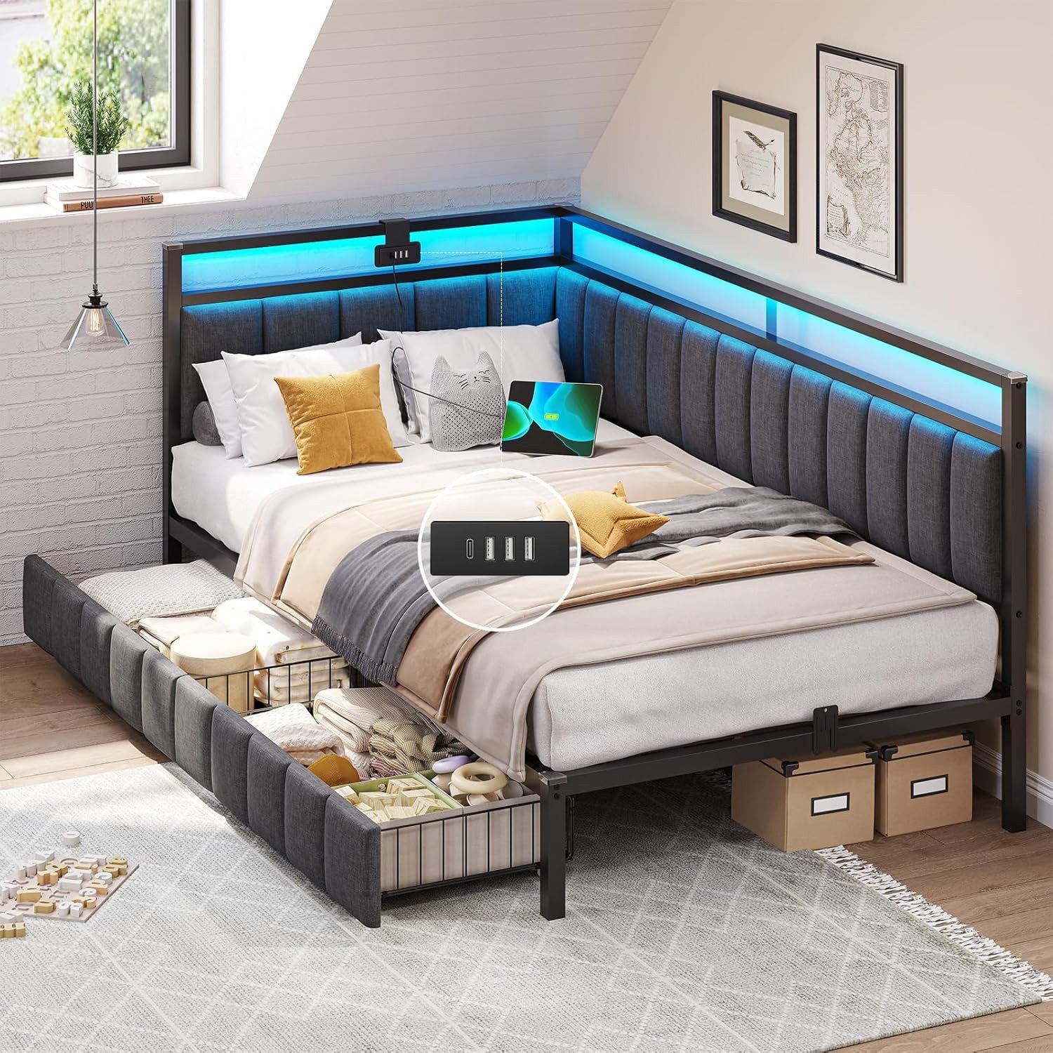 MSMASK Daybett mit LED-Beleuchtung & USB-Ladeanschlüssen, L-förmiges Schlafsofa, Kinderbett Jugendbett mit 2 Schubladen, 90 x 200 cm