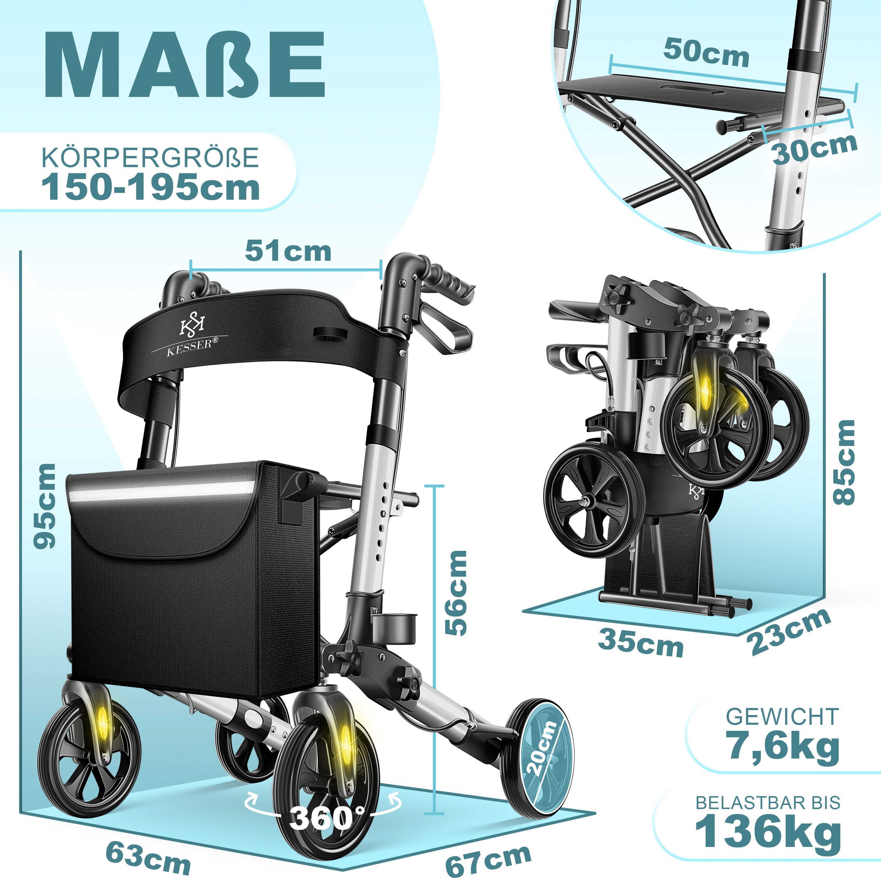 KESSER Rollator Aluminium – faltbar, höhenverstellbar & bis 136 kg belastbar, wetterbeständig, Tasche, Stockhalter, Reflektoren, 360° Gelände Reifen