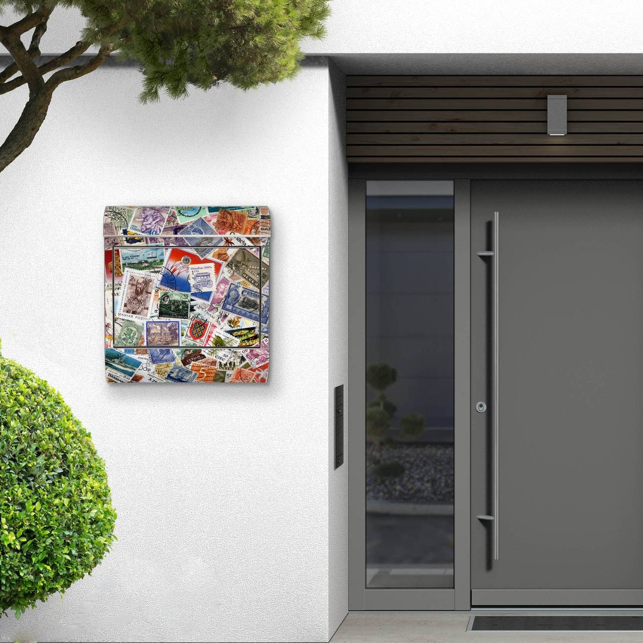 banjado Wandbriefkasten Edelstahl Briefmarken (Wandbriefkasten groß, mit Zeitungsfach), 38 x 42,5 x12cm