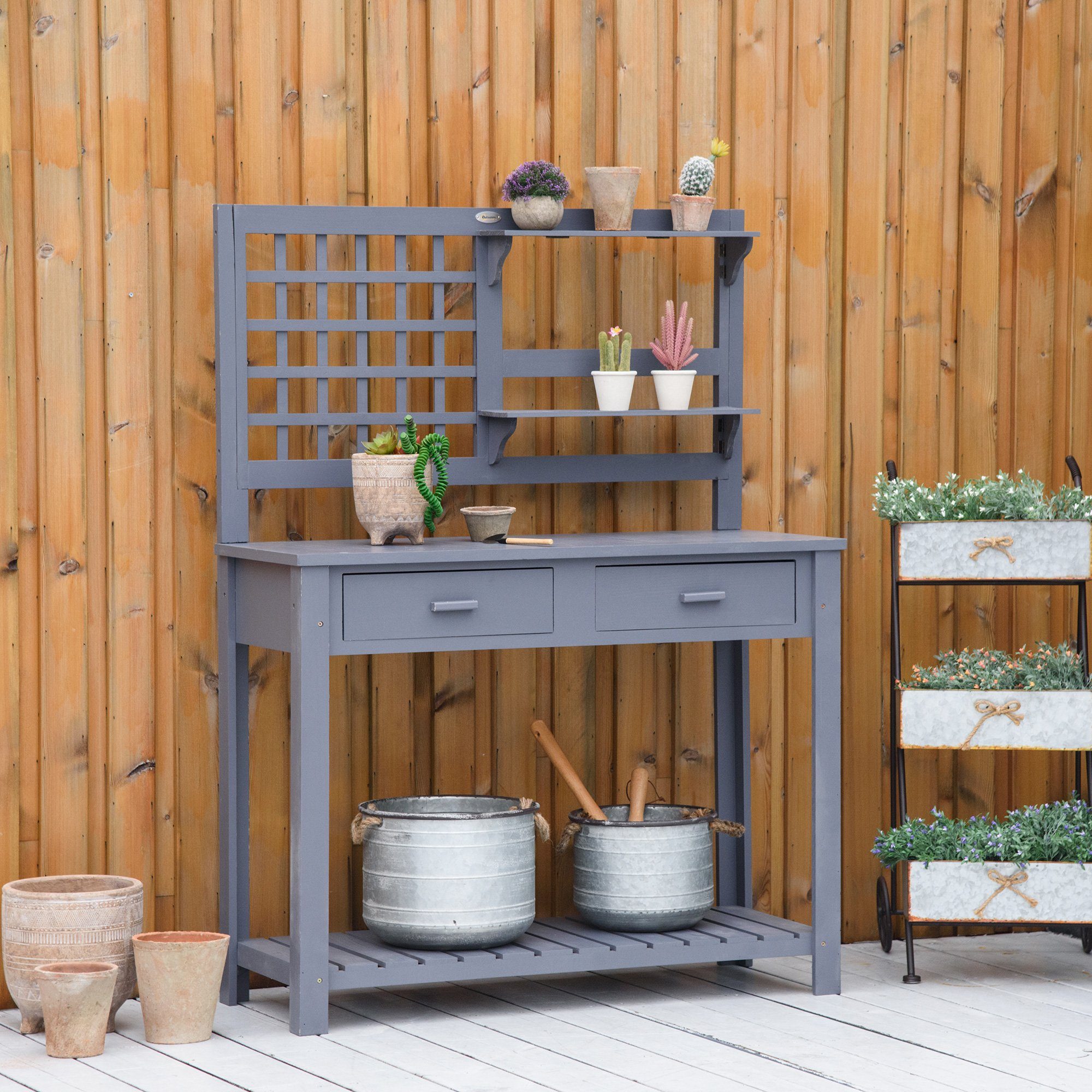 Outsunny Pflanztisch mit Schubladen (Gärtnertisch, 1-St., Holzpflanztisch), für Garten, Balkon, Grau