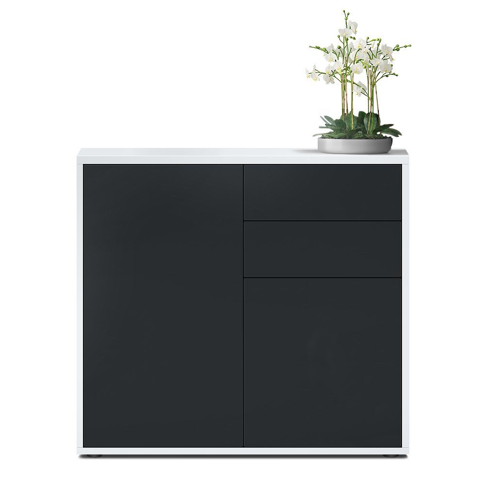 Vladon Kommode Ben V1 (Kommode, mit 2 Türen und 2 Schubladen), Weiß matt/Schwarz matt (79 x 74 x 36 cm)