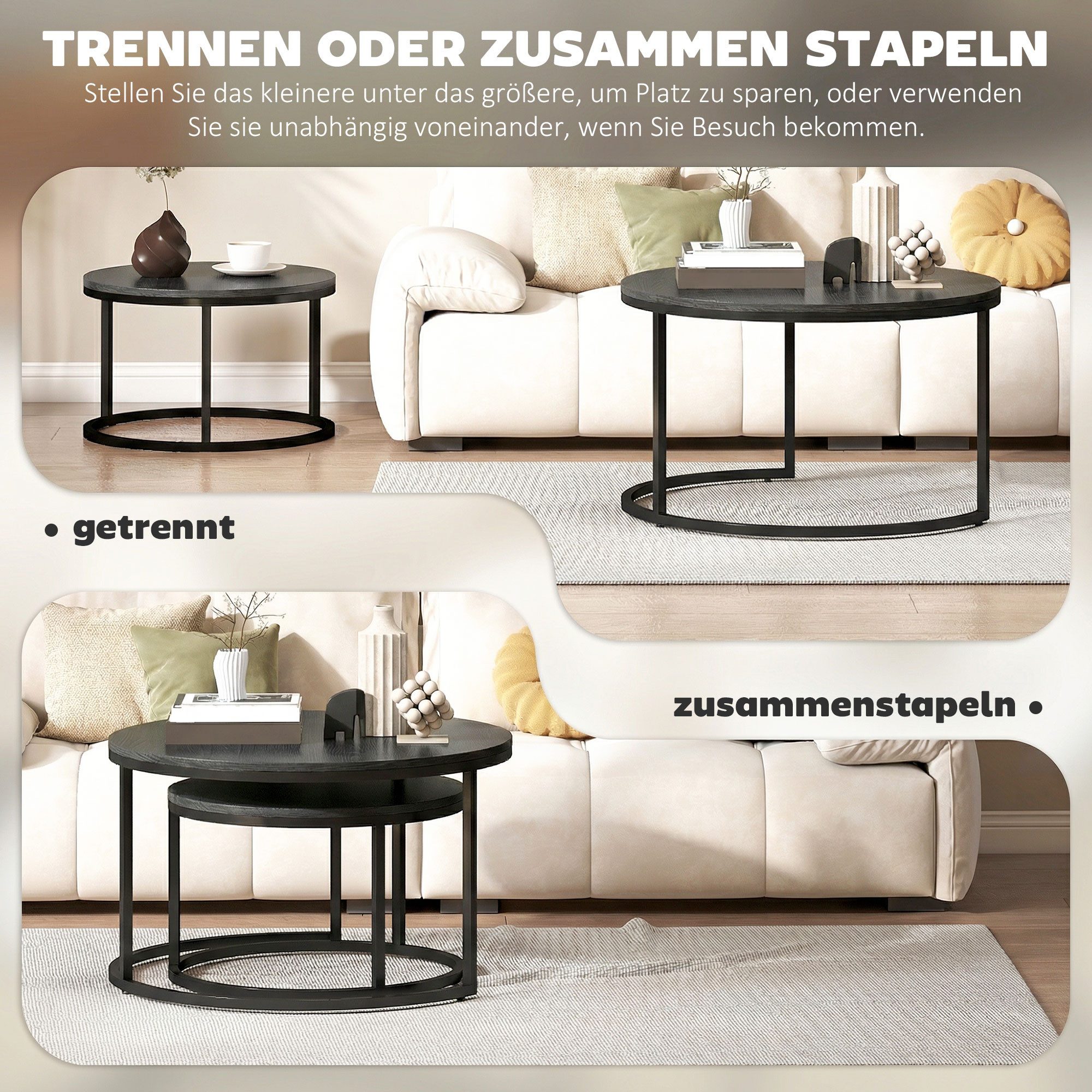 HOMCOM Couchtisch runder stapelbarer Beistelltisch, Kaffeetisch mit Zementoptik (Wohnzimmertisch, 2-St., Kaffeetisch), für Wohnzimmer, Schlafzimmer, Balkon Grau – Bild 5 von 5