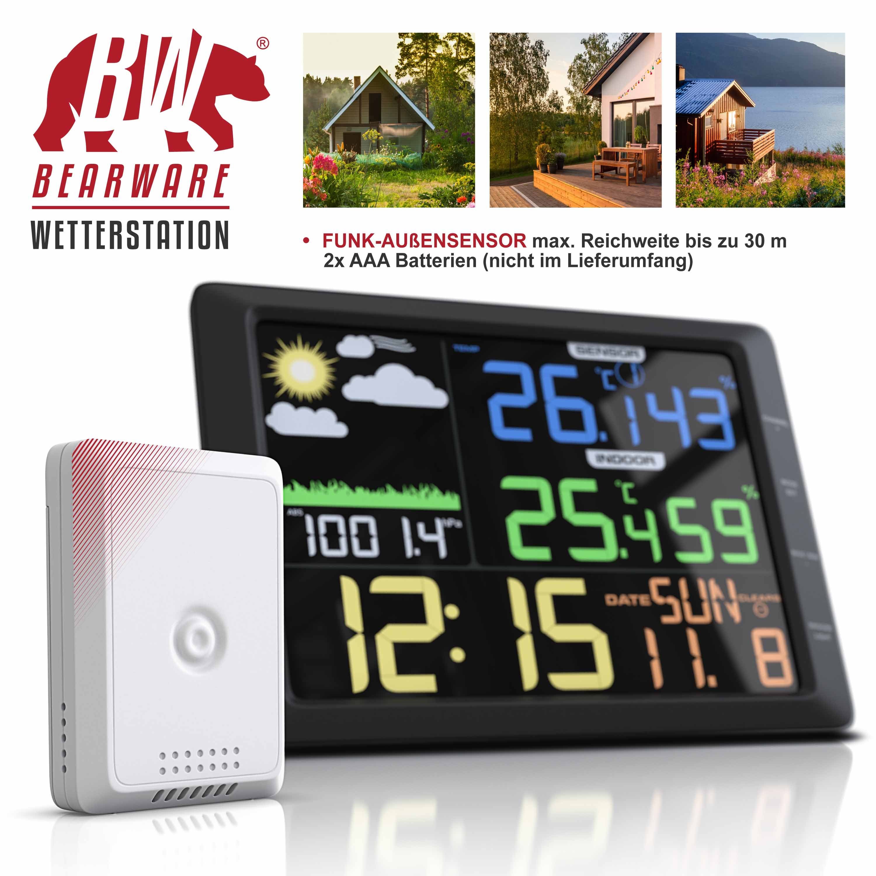 BEARWARE mit Farbdisplay & Außensensor, Luftdruck, Temperatur, Wettervorhersage Wetterstation (Außensensor; USB-Kabel; Bedienungsanleitung, Barometer, Frostalarm, Datum, Uhrzeit, Wecker mit Schlummerfunktion)