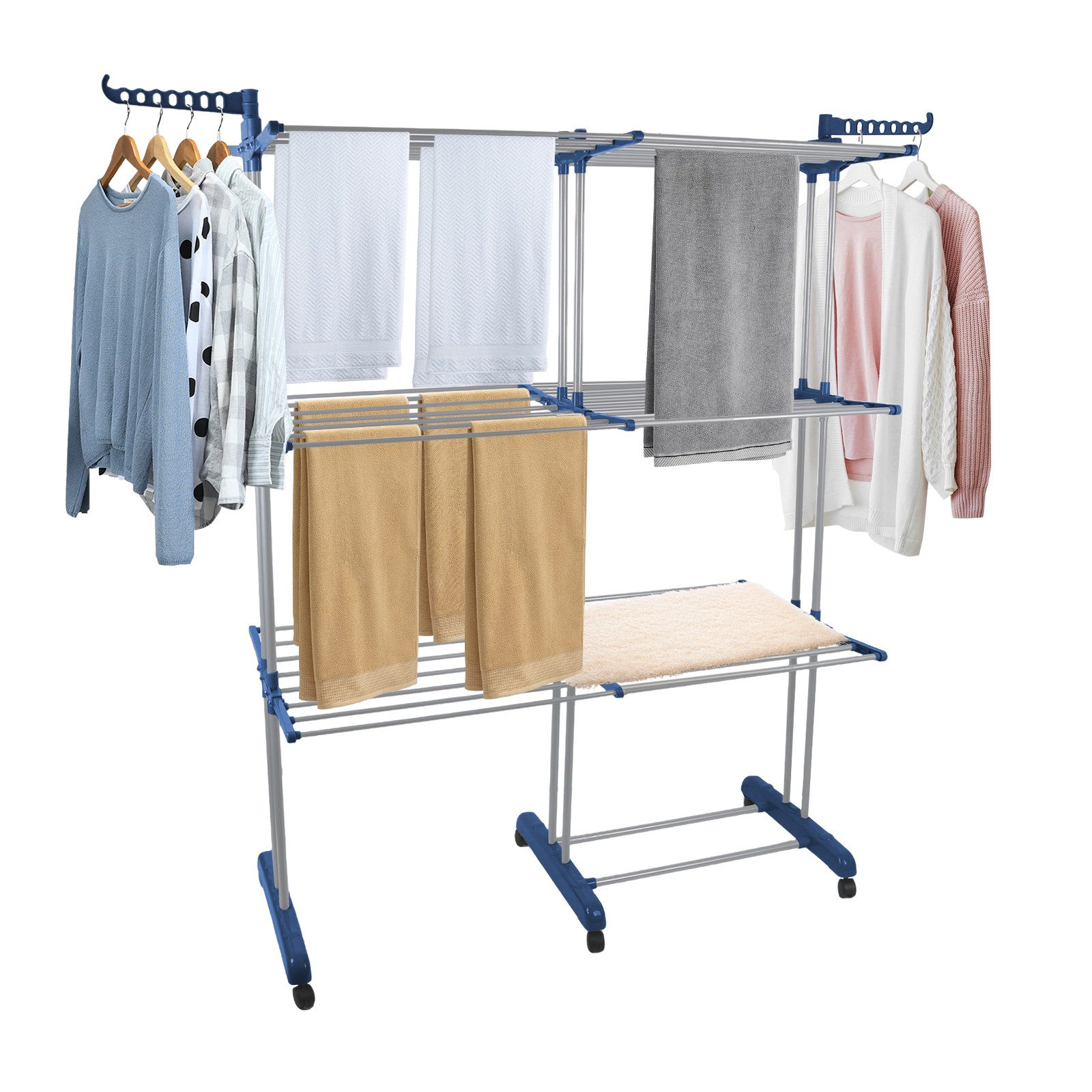 JEOBEST Wäscheständer Turm-Wäscheständer Ausziehbar Länge 75-132 cm, mit Rollen, 4 Etagen, Klappbare Flügelwäscheständer Clothes