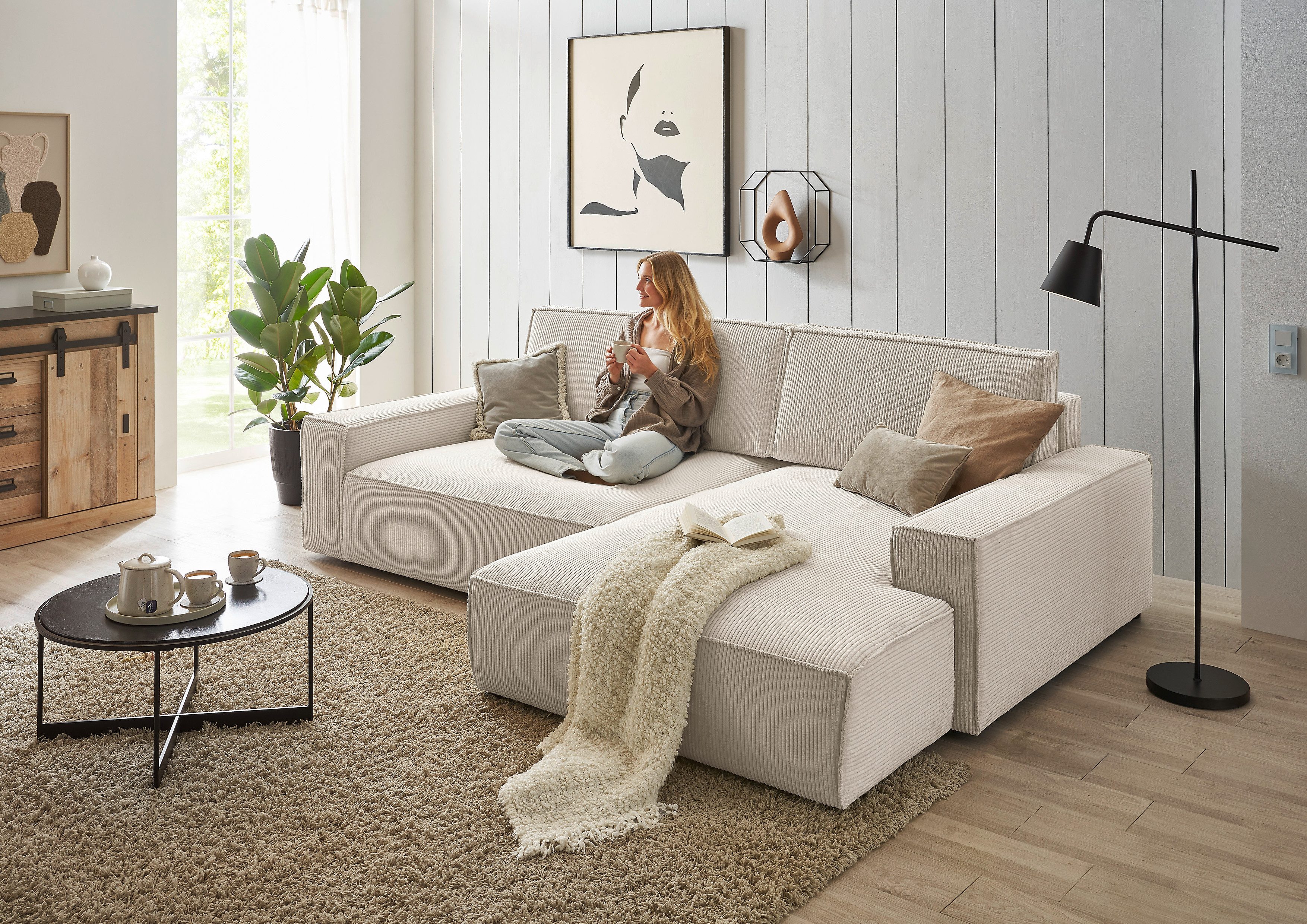 Home affaire Ecksofa NEU: SHERWOOD XXL 284, Big-Sofa L-Form, tiefe Sitzfläche 95 cm, Cord, Recamiere rechts/links, als Schlafsofa stellbar, Cord u. Leinenoptik