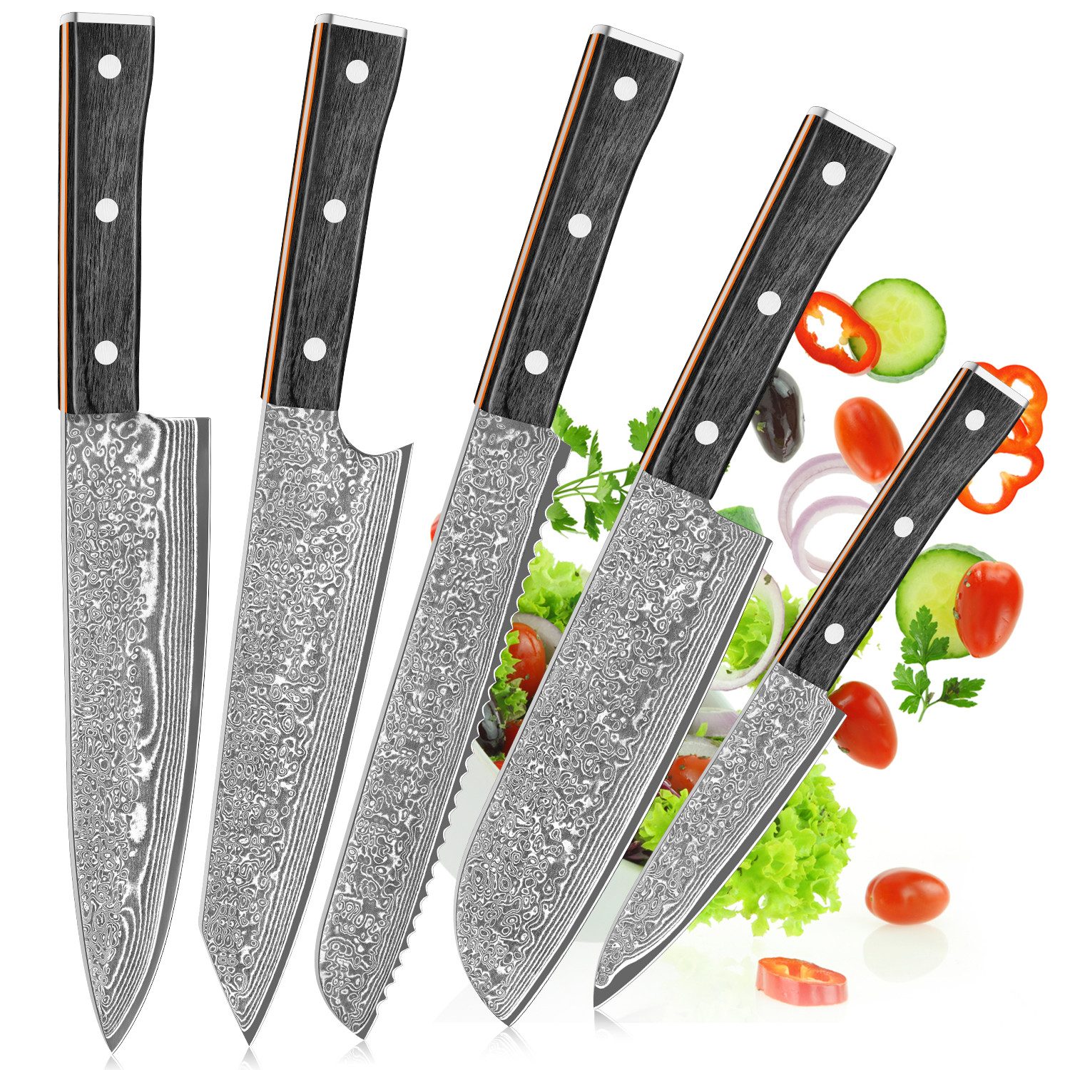 KingLux Messer-Set 5tlg Damastmesser-set aus 67 Lagen VG10 Damaststahl Holzgriff (5-tlg)