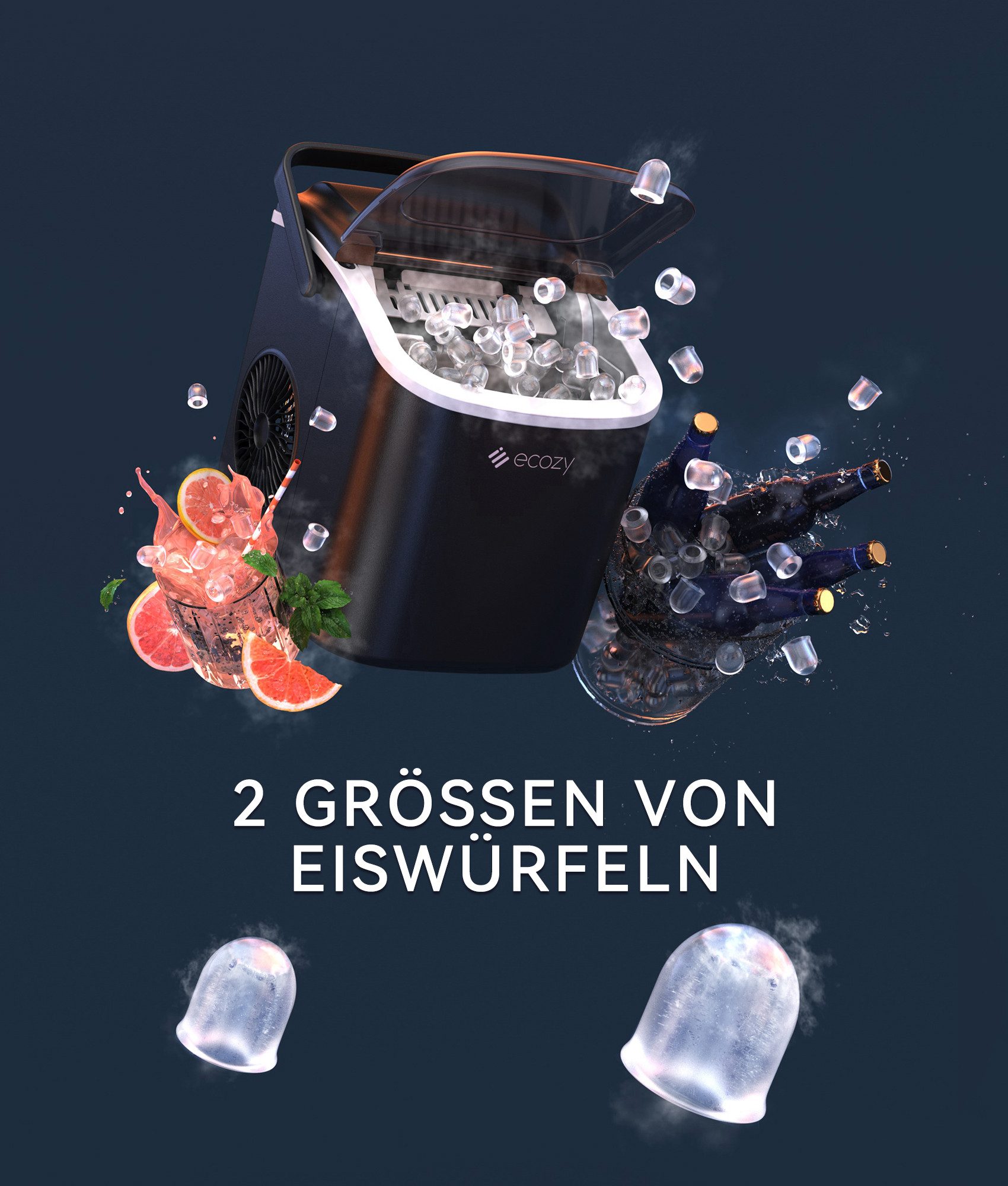 eCozy Eiswürfelmaschine Tragbar, 2 Eisgrößen, Selbstreinigung, Stummschalten, 9 Würfel in 6 Minuten Fertig, 12KG/24H, für Zuhause Party