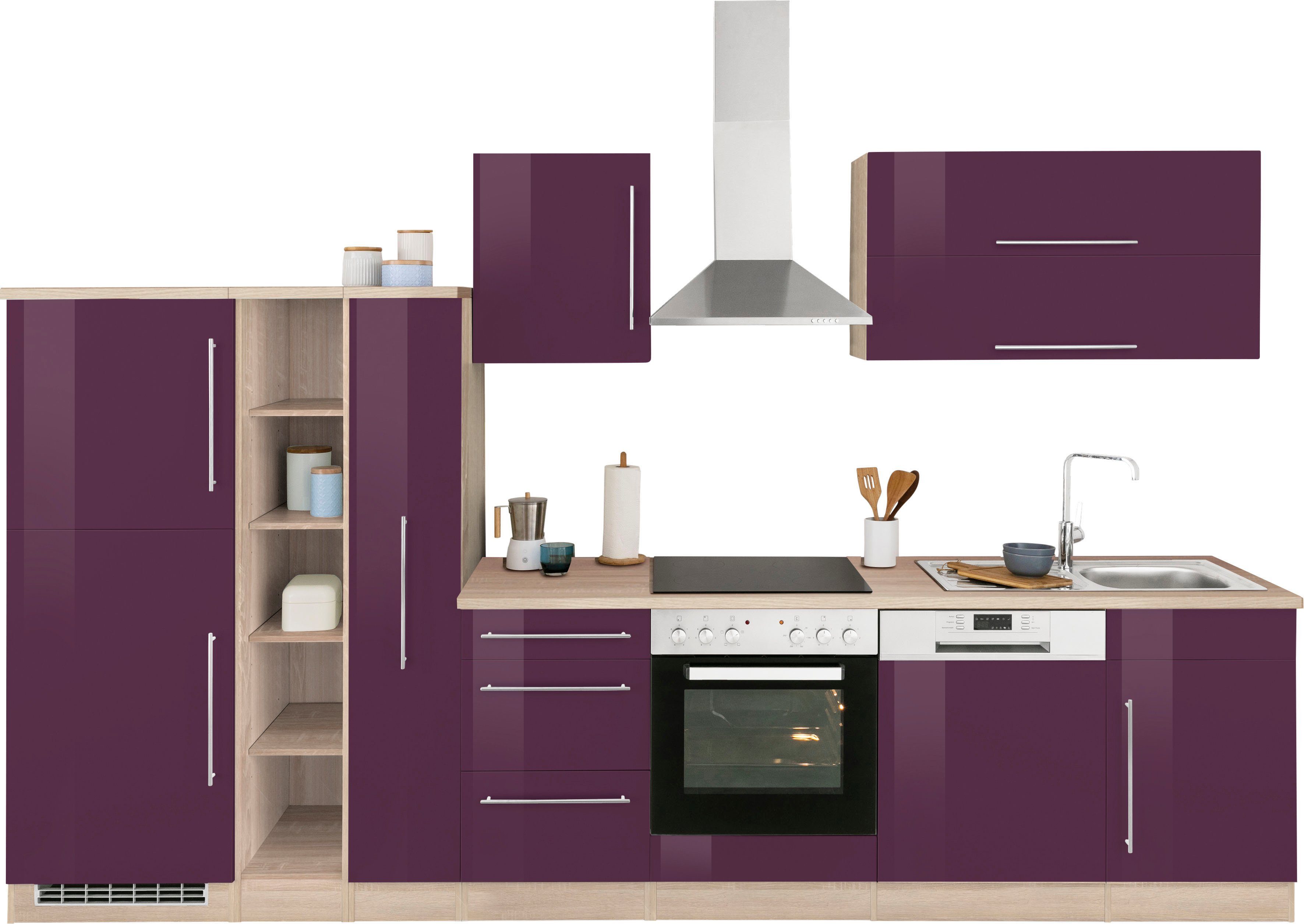 KOCHSTATION Küchenzeile KS-Samos, Breite 340 cm, wahlweise mit E-Geräten, mit Arbeitsplatte