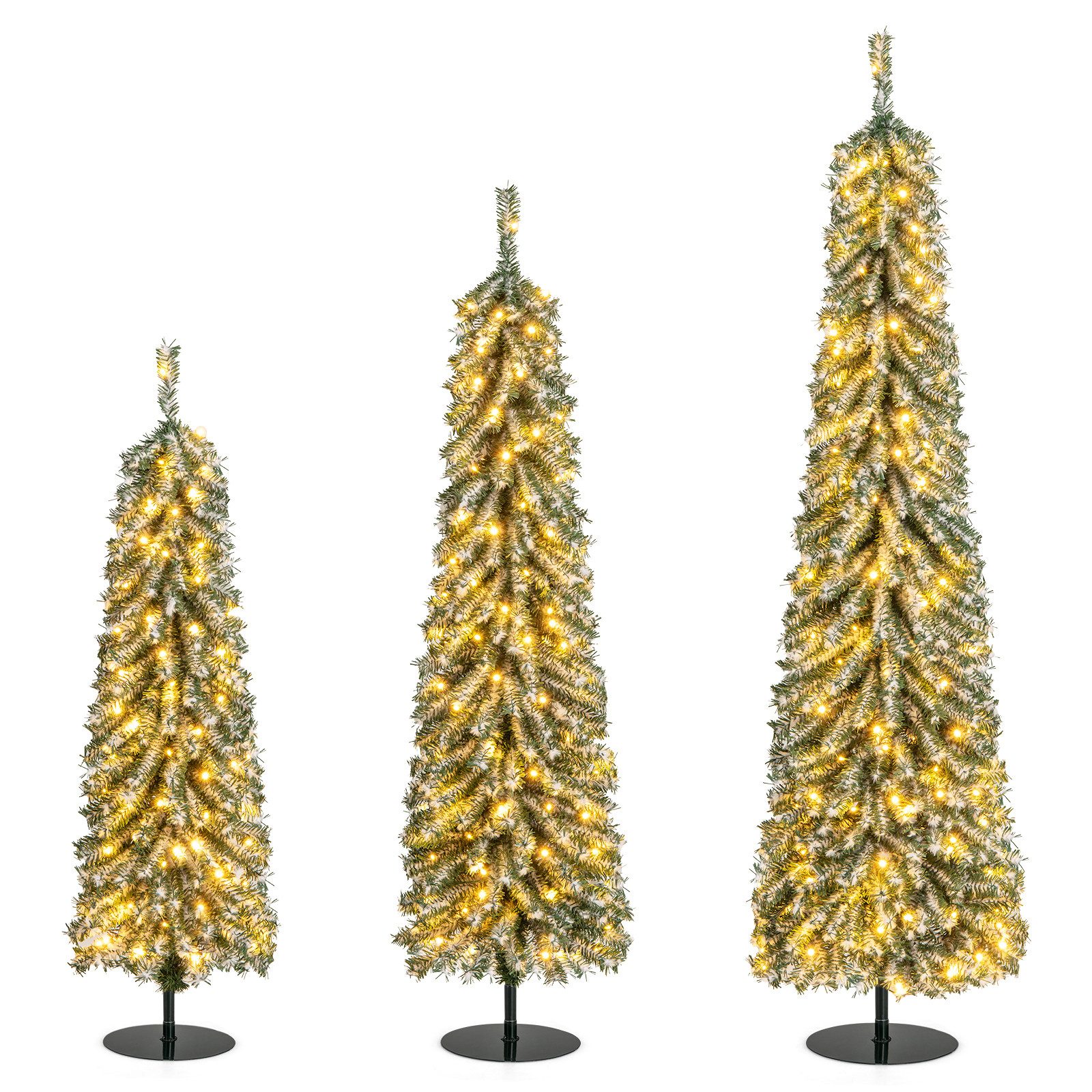 COSTWAY Künstlicher Weihnachtsbaum, Bleistift, 3er Set 120+150+180cm mit LEDs