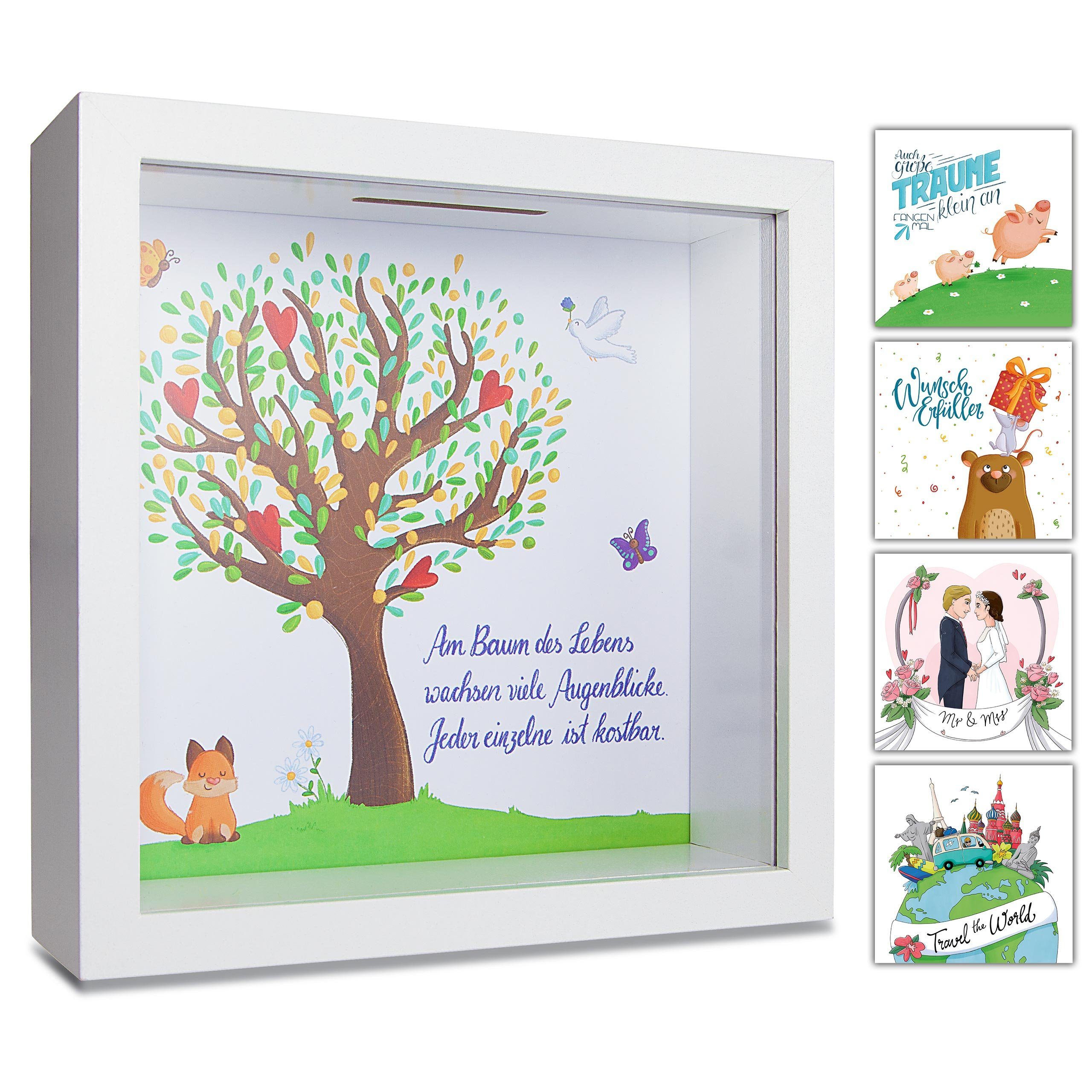 GLÜCKSWOLKE Spardose mit 9 Motive zur Auswahl, (Wunscherfüller, Dream Big, Lebensbaum, Travel, Hochzeit, Sparschwein, Mäuse, Monster, Dschungel, Kinder), Geldgeschenke Verpackung für Geburtstag I Sparbüchse Junge & Mädchen