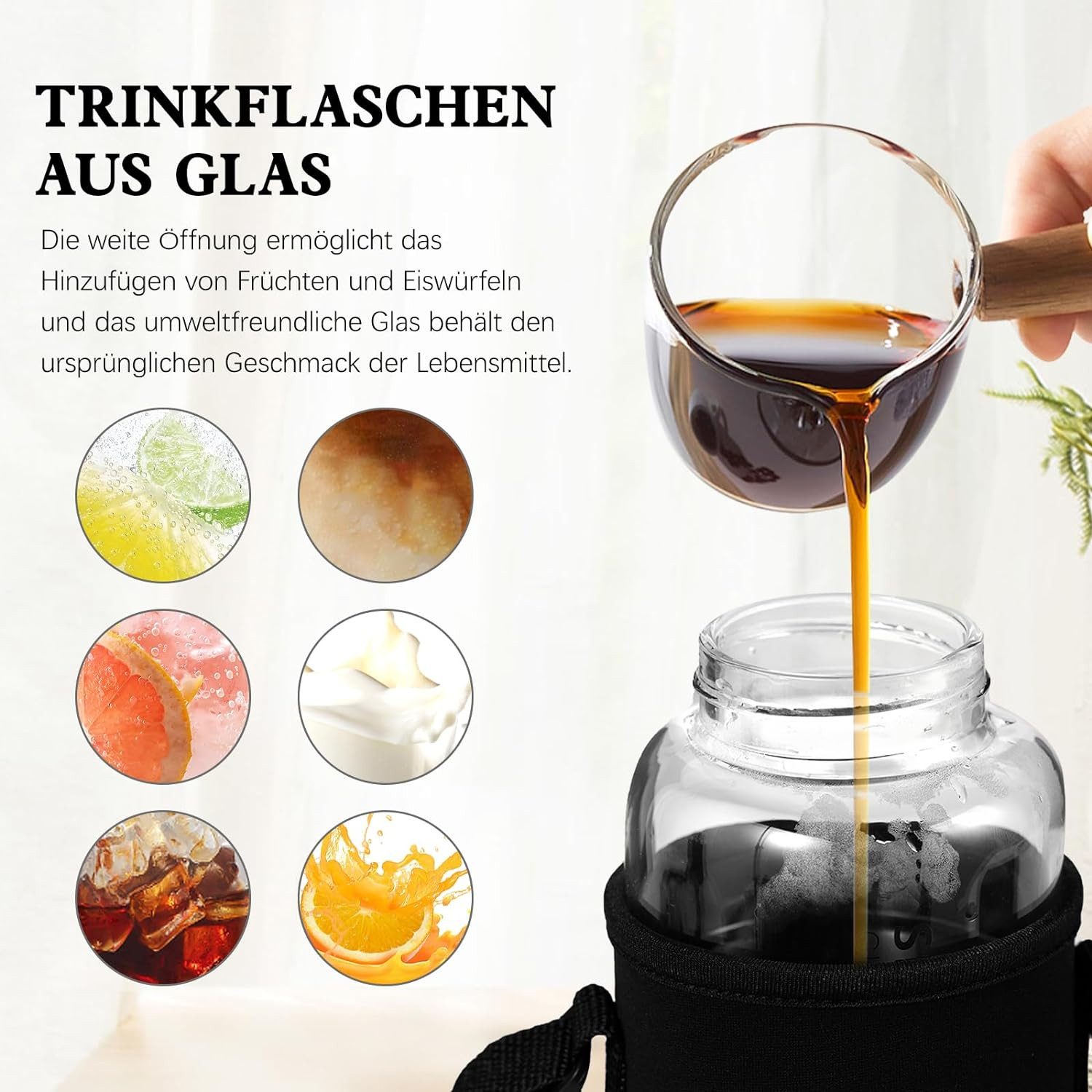 Zaewry Trinkflasche Glasflasche 1L - Wasserflasche Trinkflasche Glas mit Neoprenhülle, Glastrinkflasche mit Edelstahl-Sieb, Glasdeckel als Becher verwendbar – Bild 4 von 5