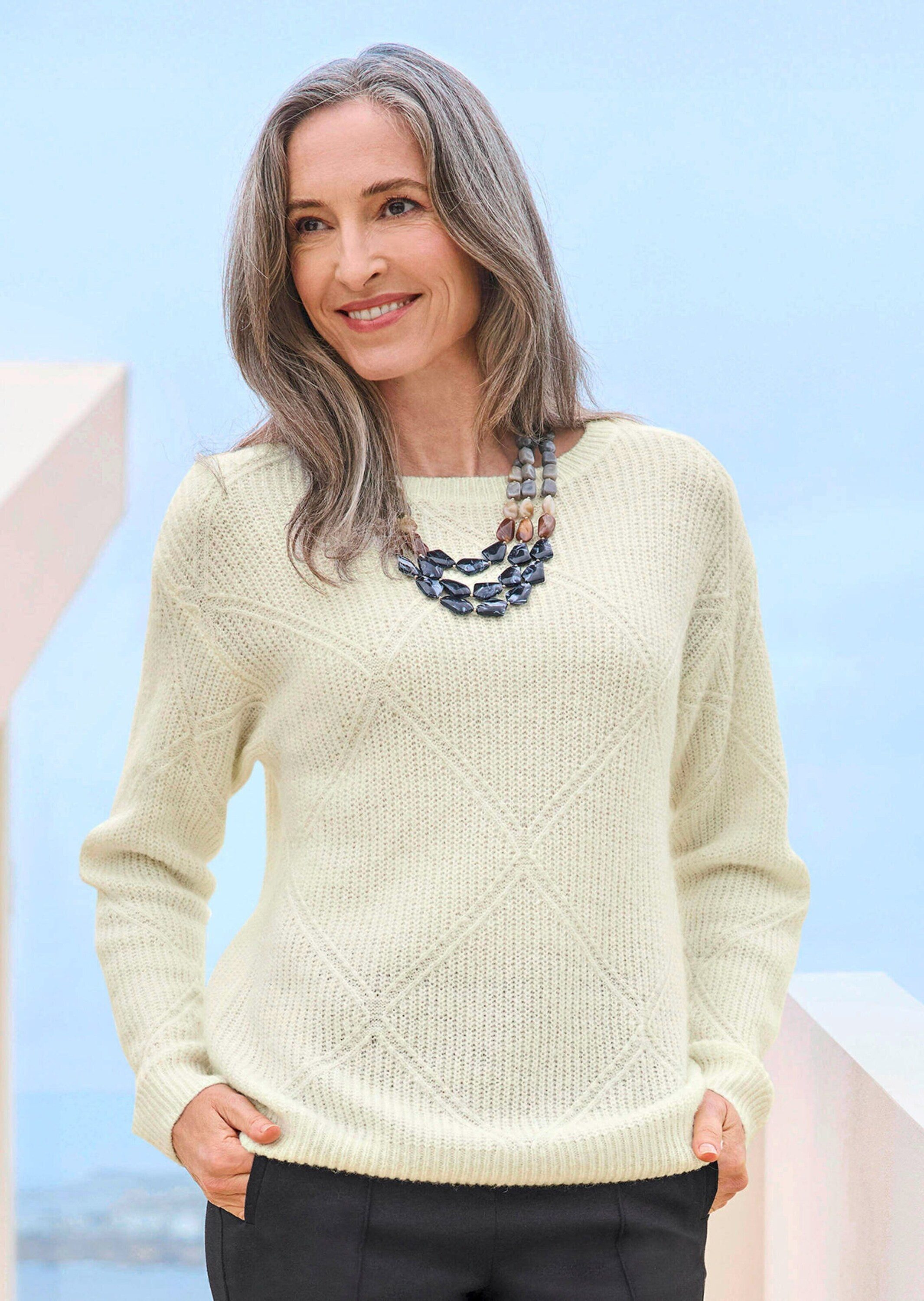 GOLDNER Strickpullover Langarm Pullover mit Rautenmuster Flauschiger U-Boot-Pullover mit Rippensaum, mit Wolle