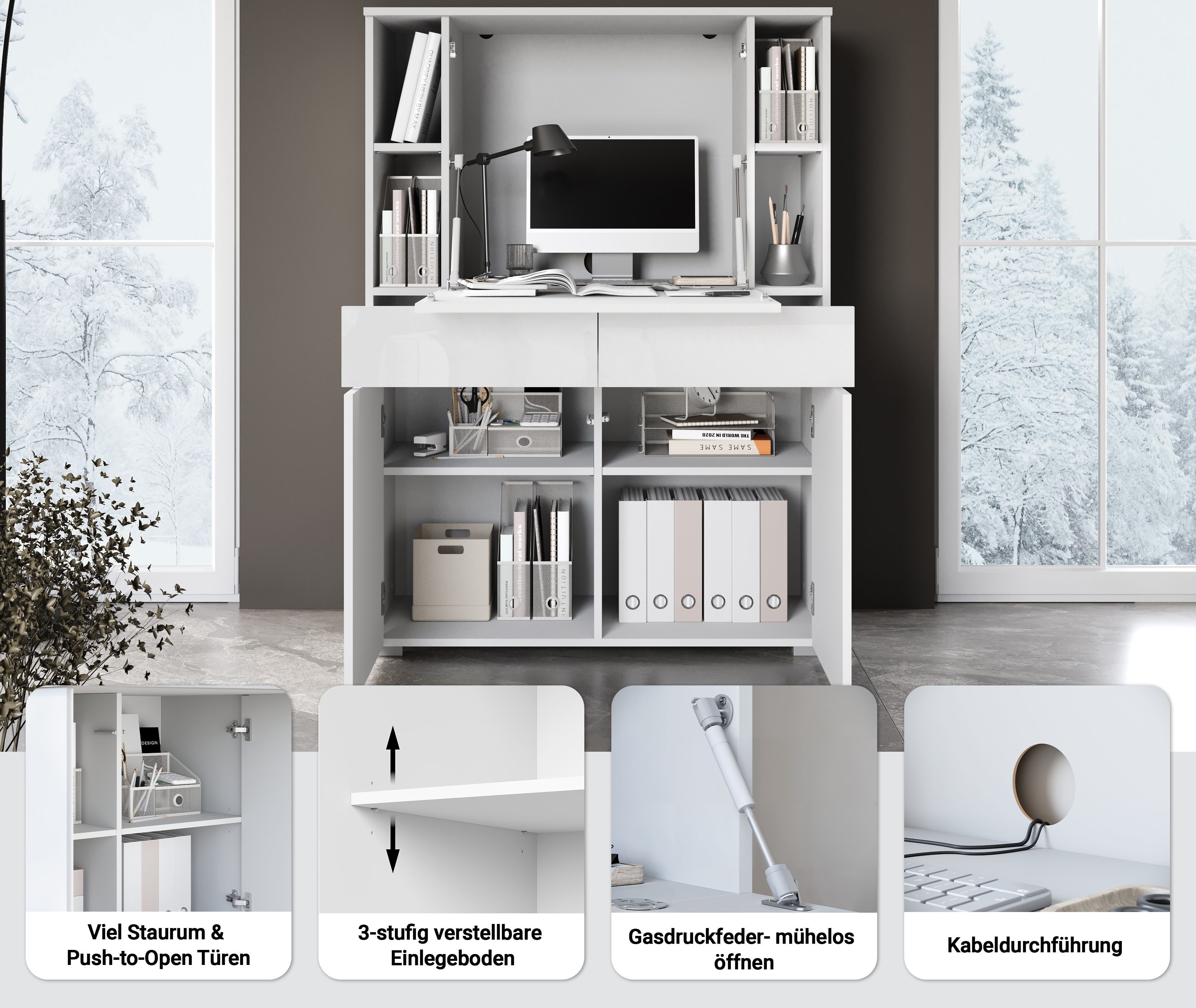 OTTO home Sekretär Paris, Moderner PC-Schrank mit klappbarer Arbeitsfläche (1 St), 2 Schubladen, Push-to-Open und verstellbare Einlegeböden, Breite 90 cm