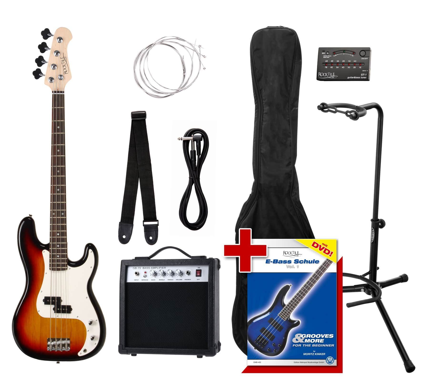 Rocktile E-Bass PB Precision-Style Bassgitarre, Spar-Set, inkl. Verstärker, Metro-Tuner, Gigbag, Gurt, Kabel & Gitarrenständer, inkl. Verstärker, Gigbag, Gurt, Kabel, Metro-Tuner und Gitarrenständer