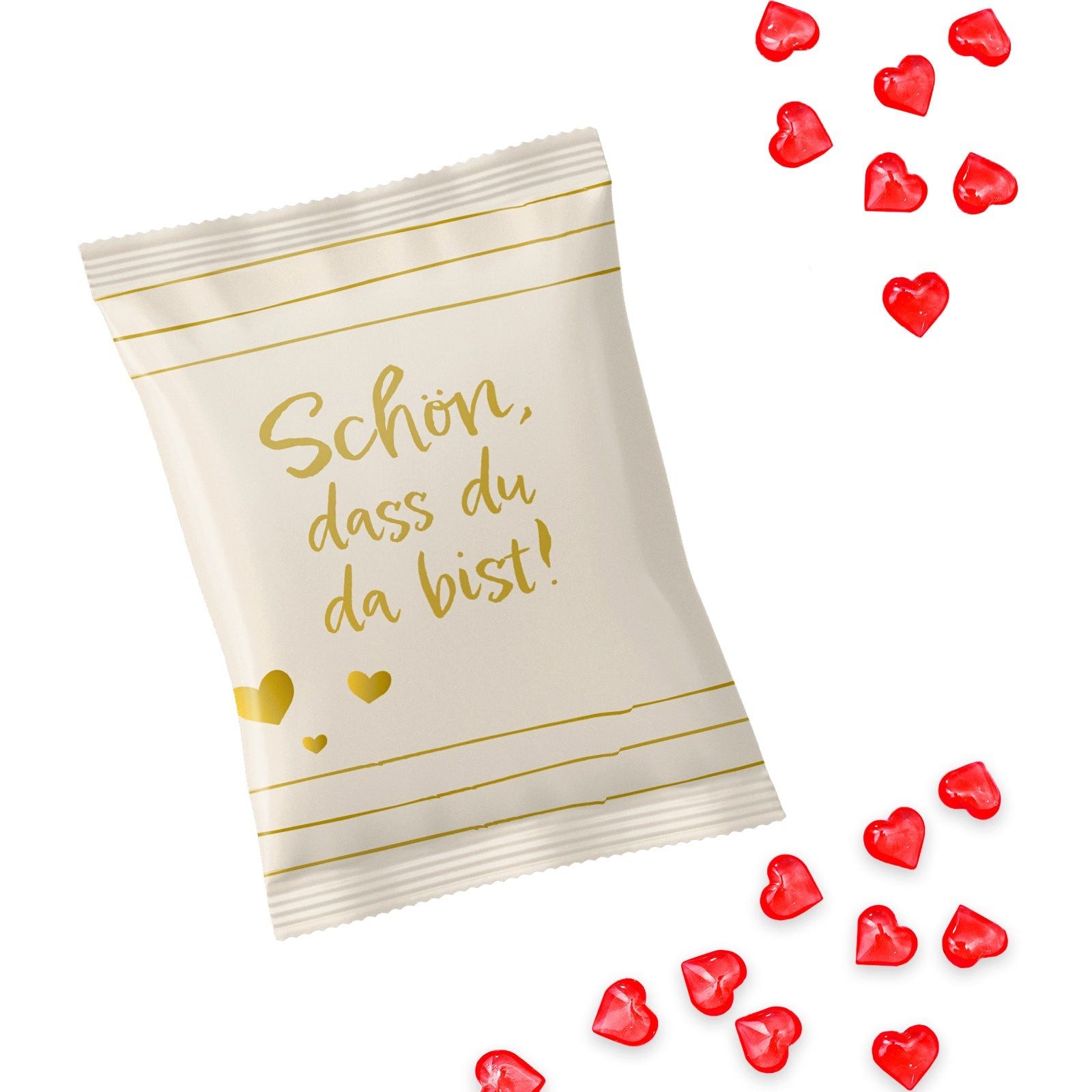 Logbuch-Verlag Dekofigur 10 Fruchtgummi Tütchen Schön, dass du da bist Gummibärchen rote Herzen