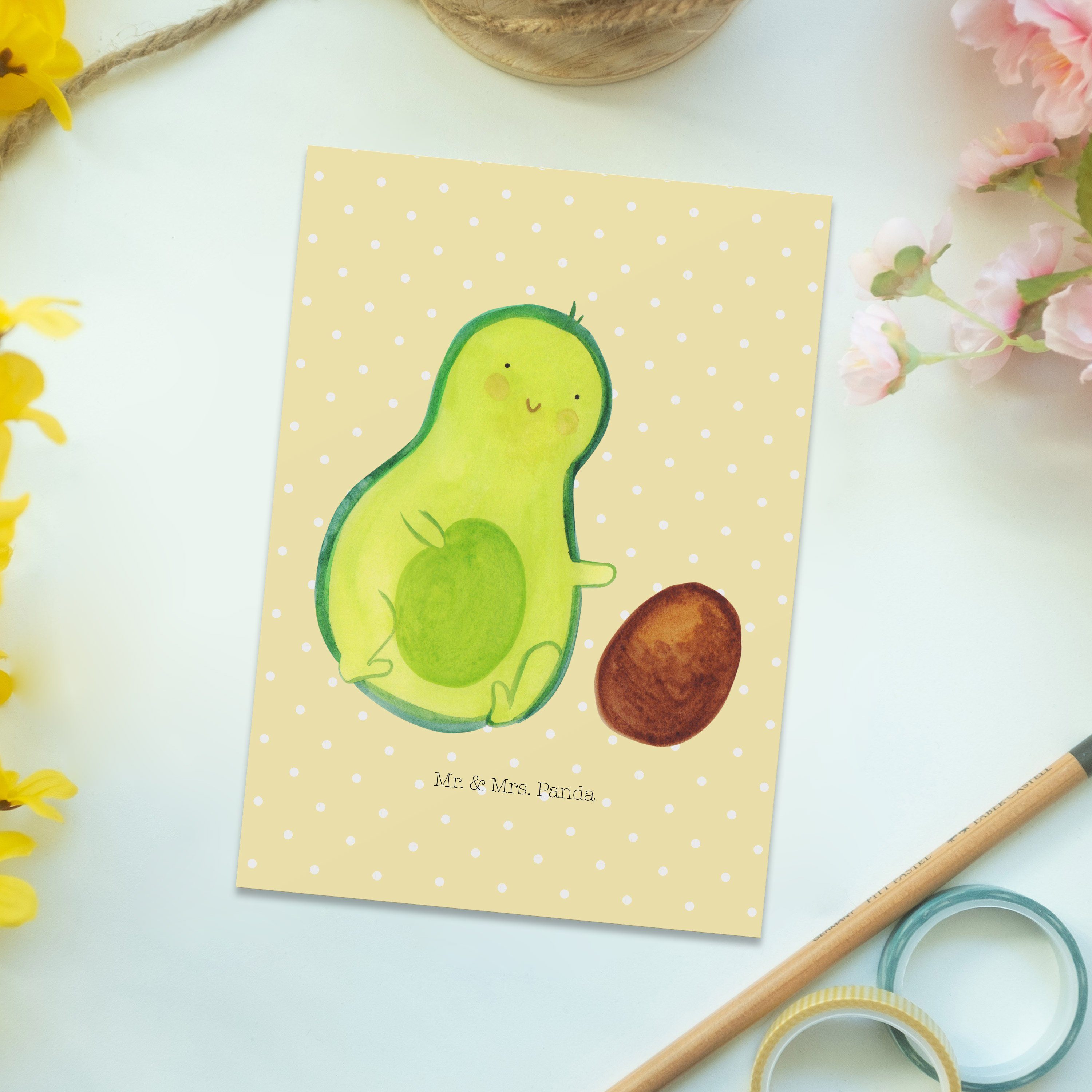 Veggie Avocado Geburt, Karte, Mr. Kern - rollt Pastell Postkarte - Mrs. & Geschenk, Panda Gelb