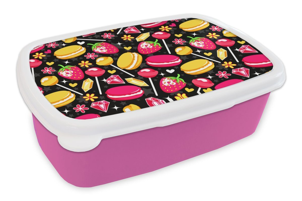 MuchoWow Lunchbox Süßigkeiten - Muster - Erdbeere, Kunststoff, (2-tlg), Brotbox für Erwachsene, Brotdose Kinder, Snackbox, Mädchen, Kunststoff rosa