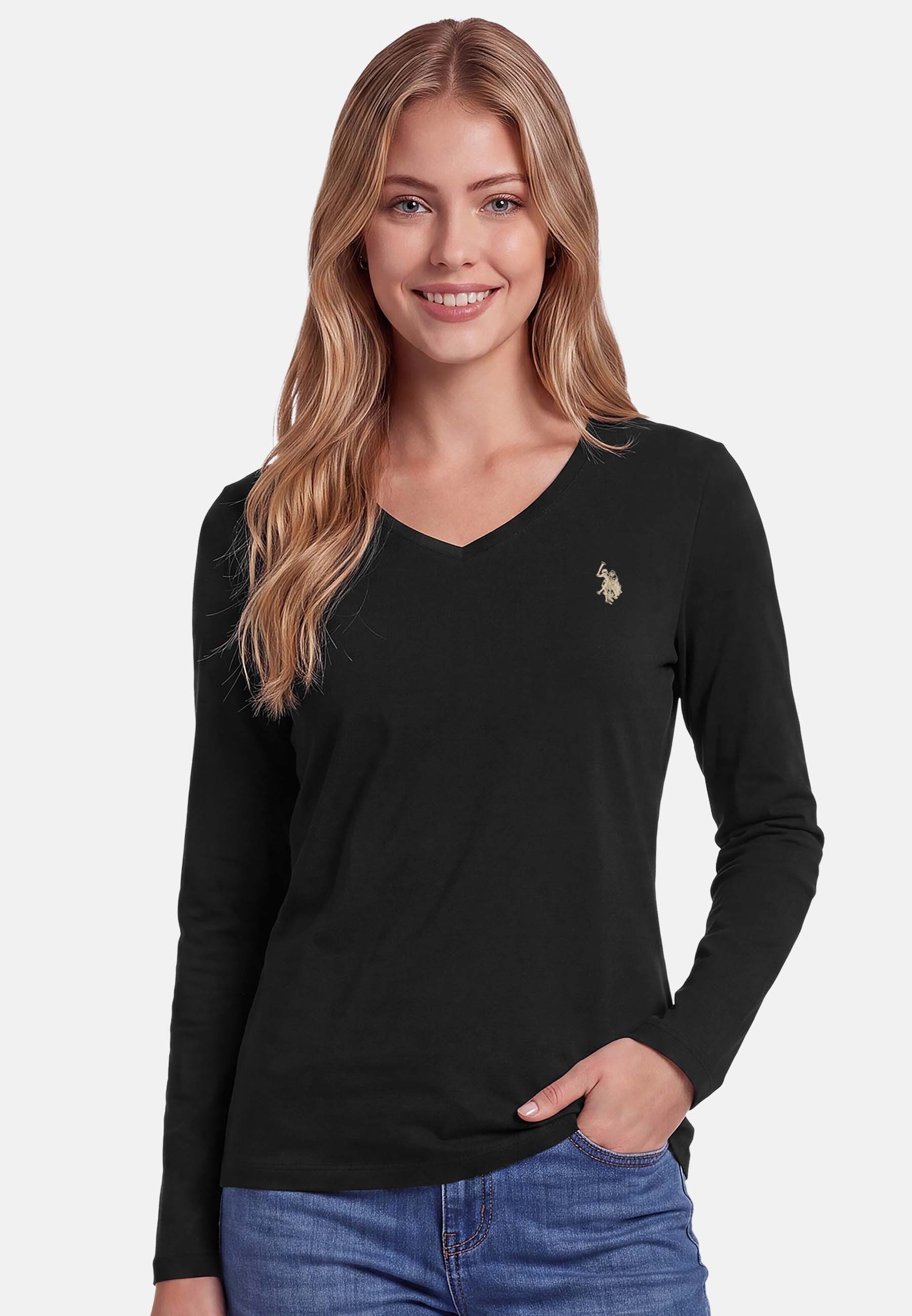 U.S. Polo Assn. Langarmshirt mit V-Ausschnitt und Stickereidetails Elastisches Longsleeve mit gerippten Bündchen und normaler Passform