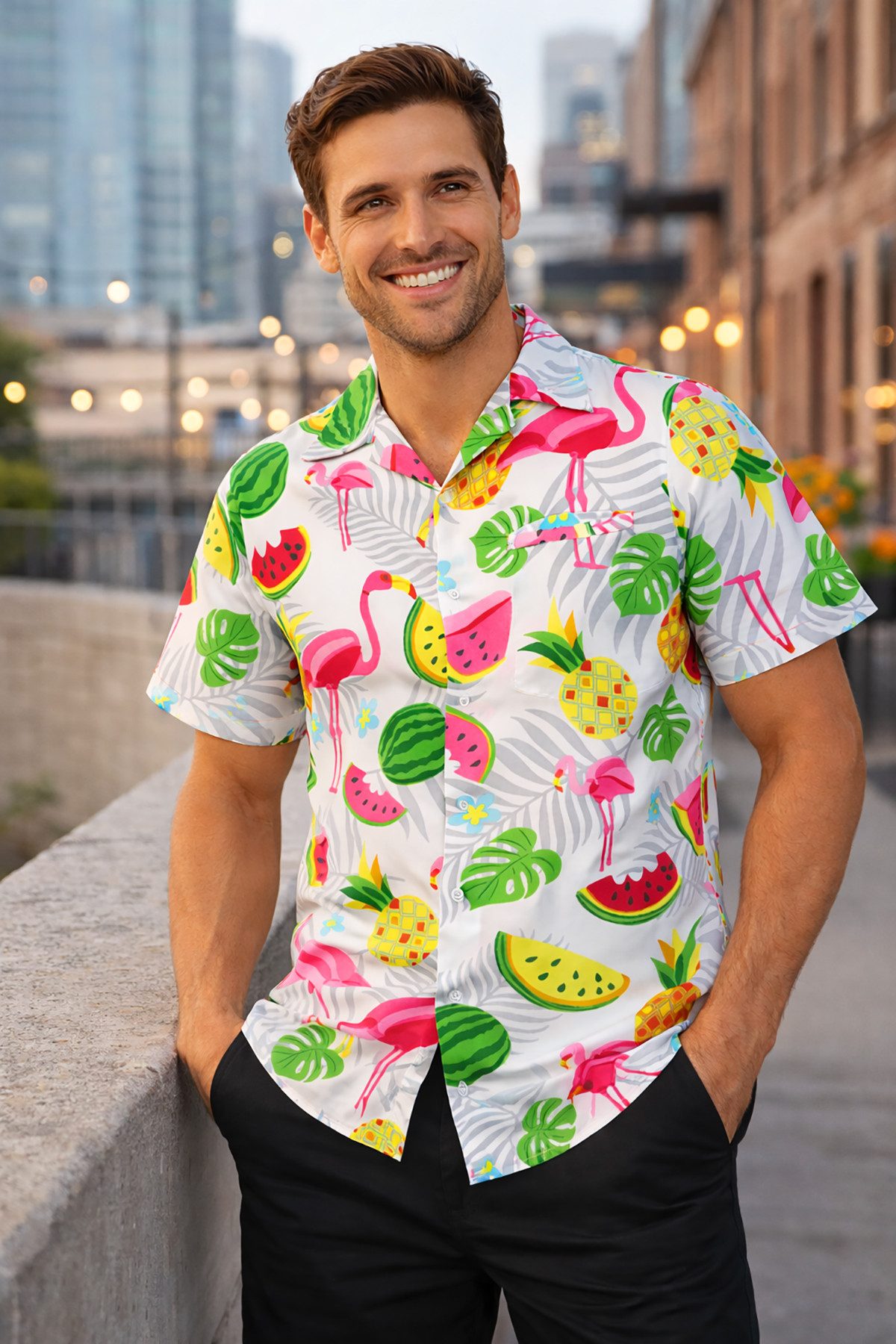 King Kameha Hawaiihemd "Flamingo Melone" Funky Hawaiihemd Herren Kurzarm Fronttasche Stylish