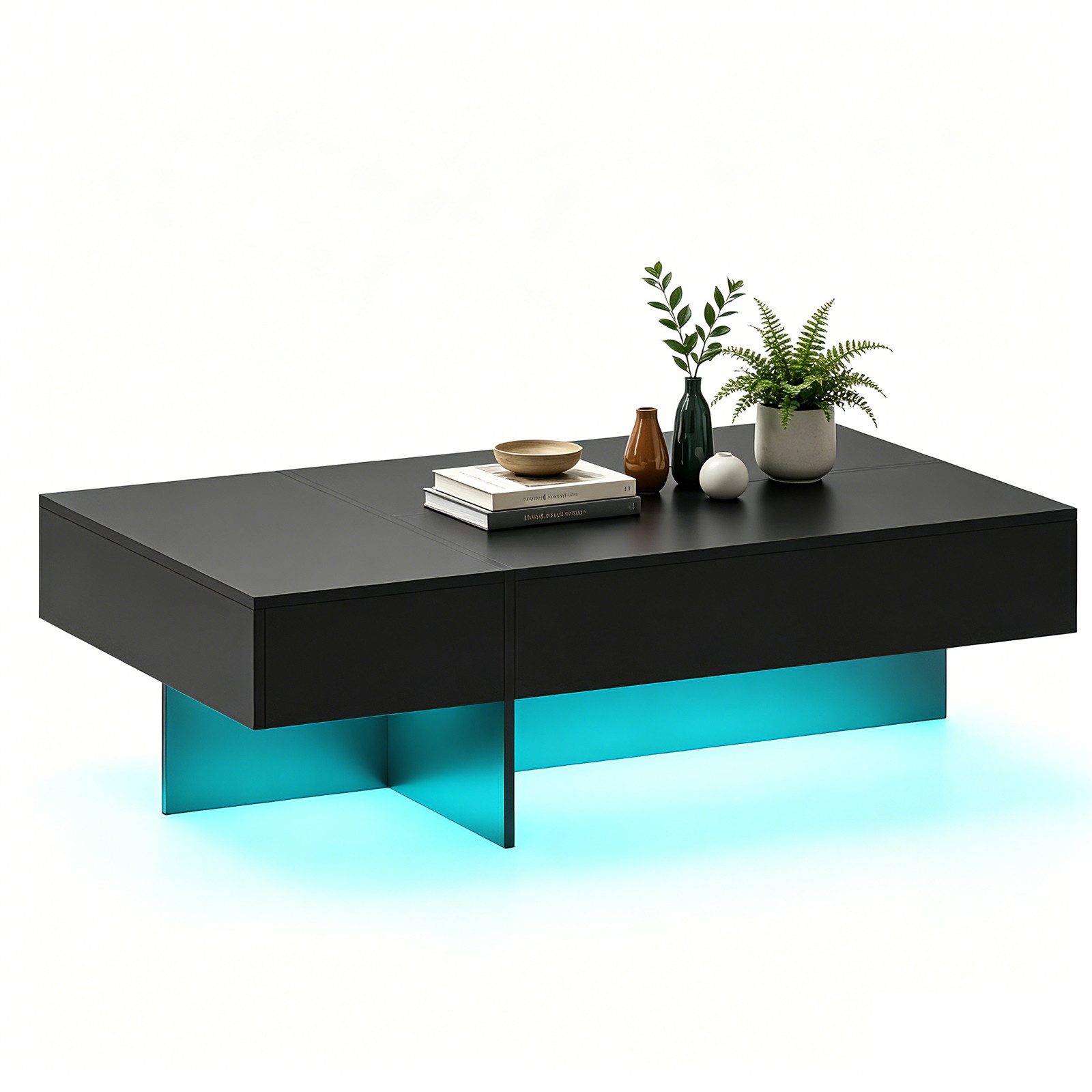 KOMFOTTEU Couchtisch, Kaffeetisch mit 20-Farbiger LED Beleuchtung & Fernbedienung