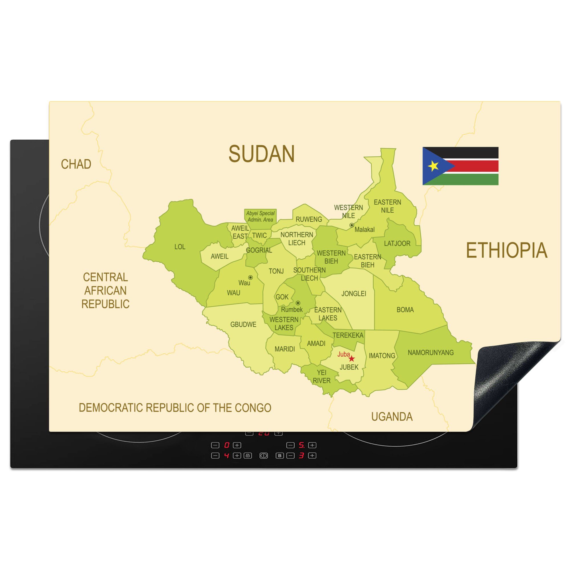 MuchoWow Herdblende-/Abdeckplatte Eine Illustration einer grünen Karte des Südsudan, Vinyl, (1 tlg), 81x52 cm, Induktionskochfeld Schutz für die küche, Ceranfeldabdeckung