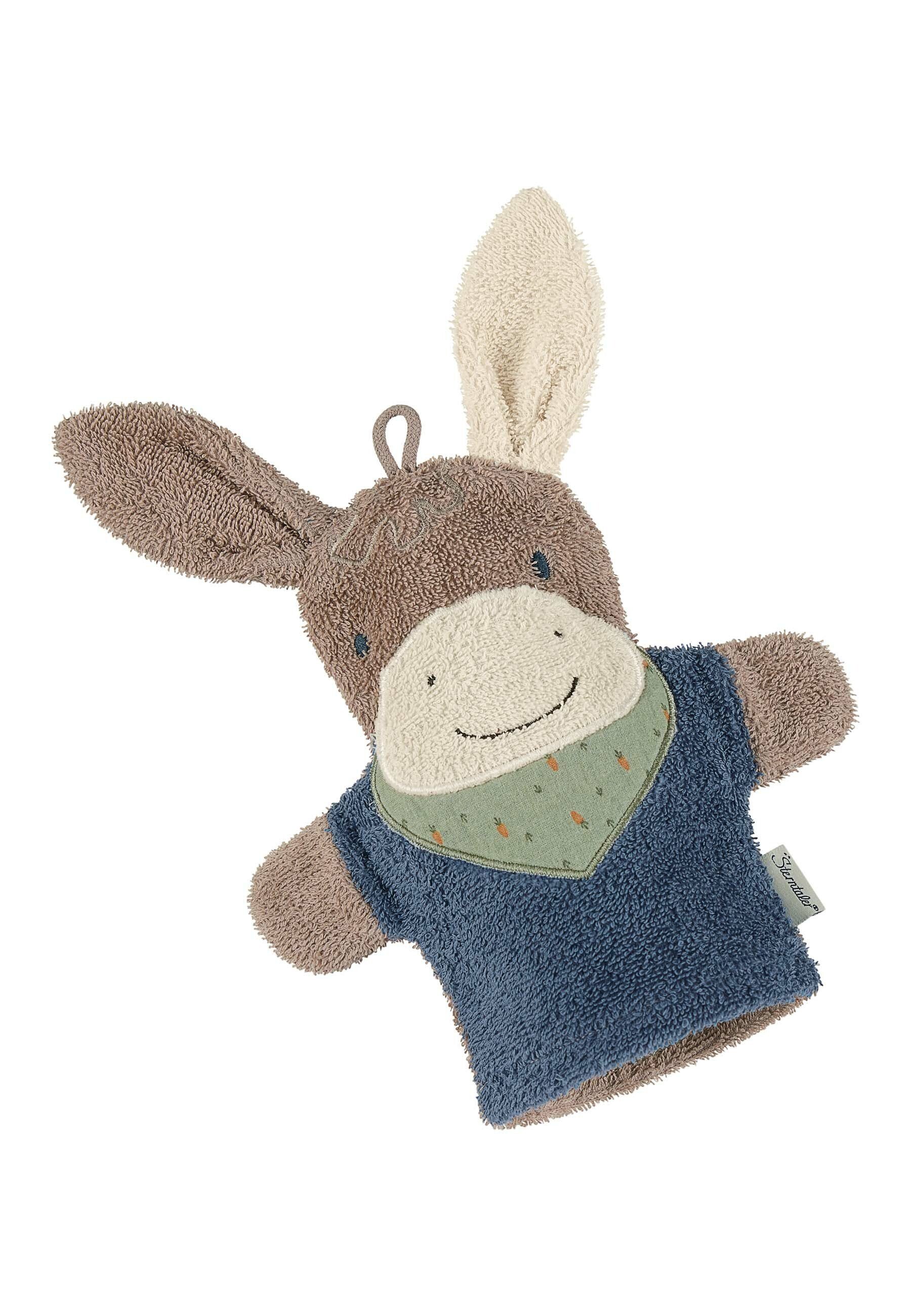 Sterntaler® Waschhandschuh Waschhandschuh ESEL Emmilius, Frottee (1-St), 2in1 Waschhandschuh & Handpuppe Esel aus Frottee – großer Waschspaß!