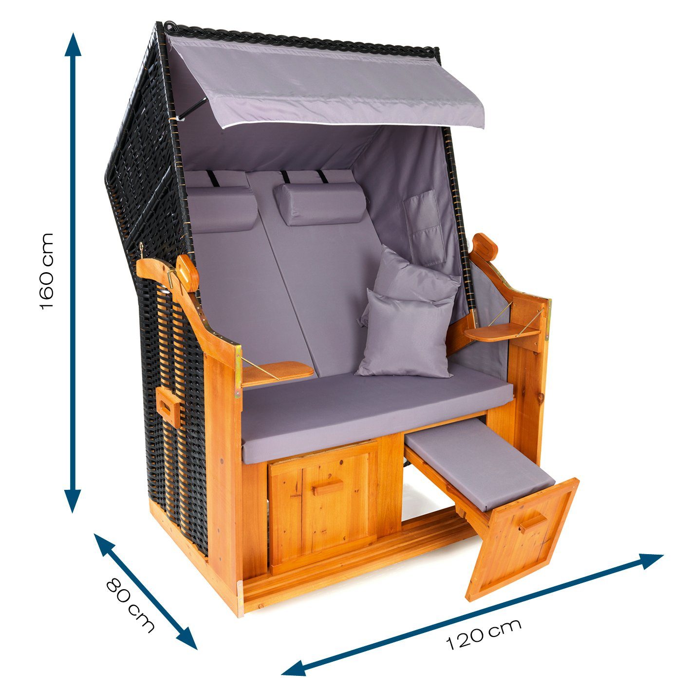 Hoberg Strandkorb 2 Sitzer 120x80x160 Fußbänke & BxTxH: cm, verstellbarer Inkl. (Ostsee), Neigungswinkel