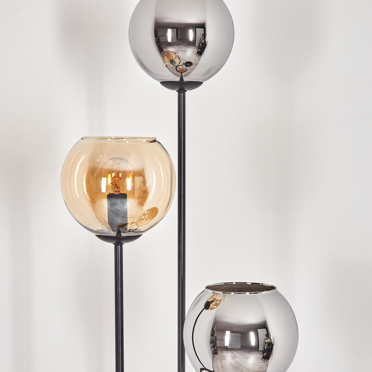 hofstein Stehlampe Stehlampe Metall/Holz/Glas in Schwarz/Hellbraun/Chrom/Rauch/Bernstein, ohne Leuchtmittel, Stehleuchte im Retro-Design m. Glasschirmen (15cm), Fußschalter, E14