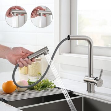 Auralum Küchenarmatur Spültischarmatur Ausziehbar Niederdruck Wasserhahn mit 2 Strahlarten Einhebelmischer 360° Drehbar Edelstahl