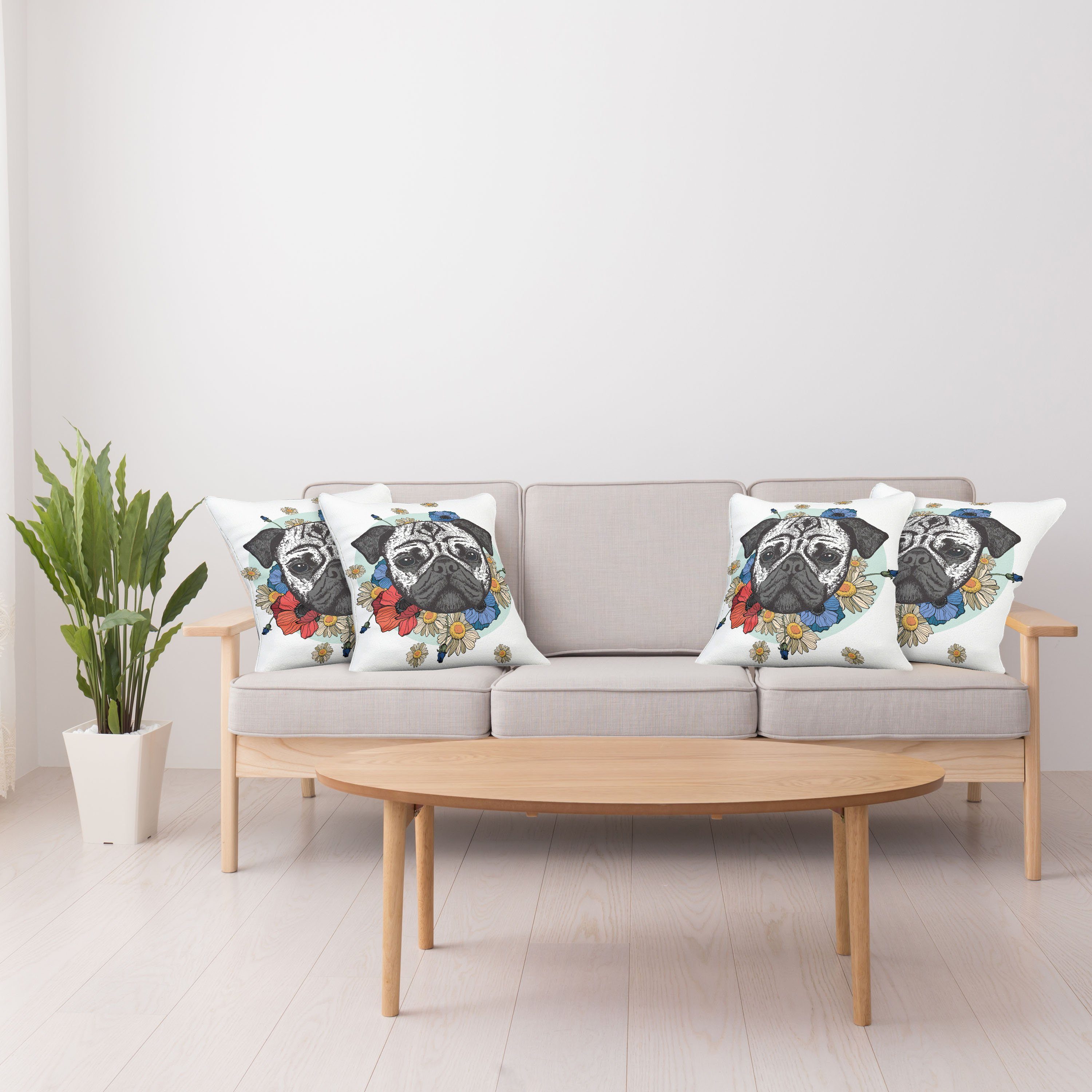 Kissenbezüge Modern Hundes Stück), Abakuhaus (4 Accent Kopf Digitaldruck, Schwarzweiß-Bild Doppelseitiger Mops des