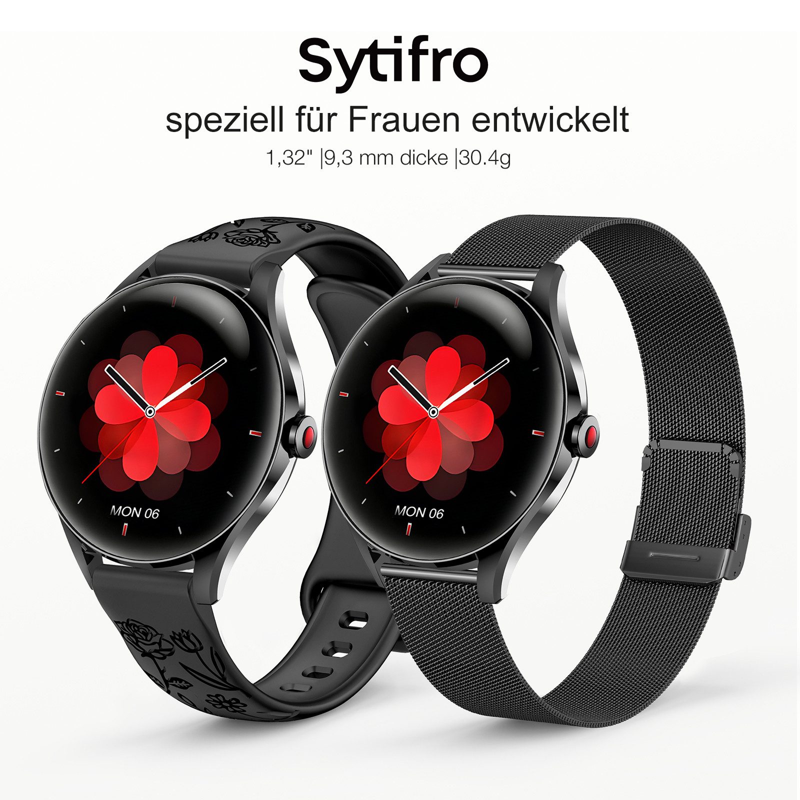 Sytifro Smartwatch Damen, 3D-Kugelglas, AMOLED Always-On, 300 mAh (7 Tage) Smartwatch (1.32" cm), Fitness Tracker Armbanduhr mit Schrittzähler, Blutsauerstoff, Schlafüberwachung, AI Voice und SNS-Benachrichtigung etc., Bluetooth 5.3 Sportuhr, IP67 wasserdicht, unterstützt 120+ Sportmodi, verfügbar für Android 4.4+ / iOS 10.0+