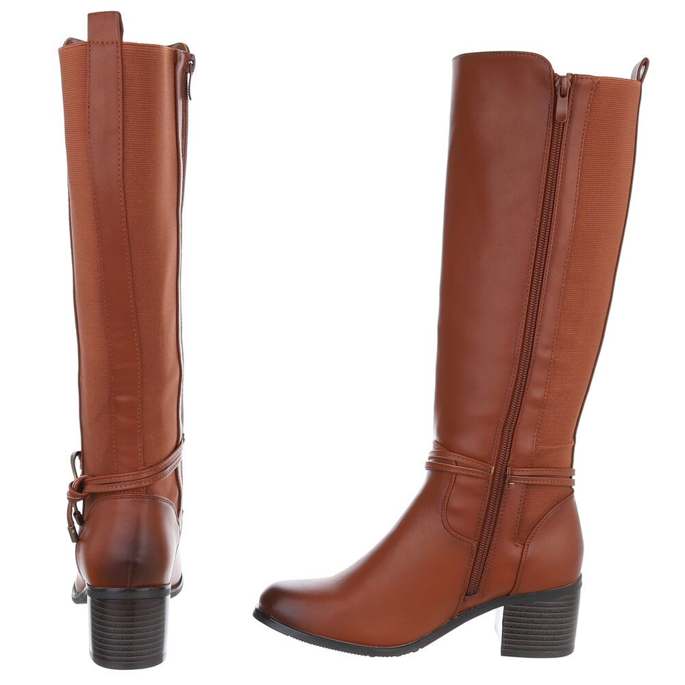 Ital-Design Elegante Damenstiefel mit Blockabsatz und Gürtel-Detail Stiefel (90169282) Blockabsatz Stiefel in Camel