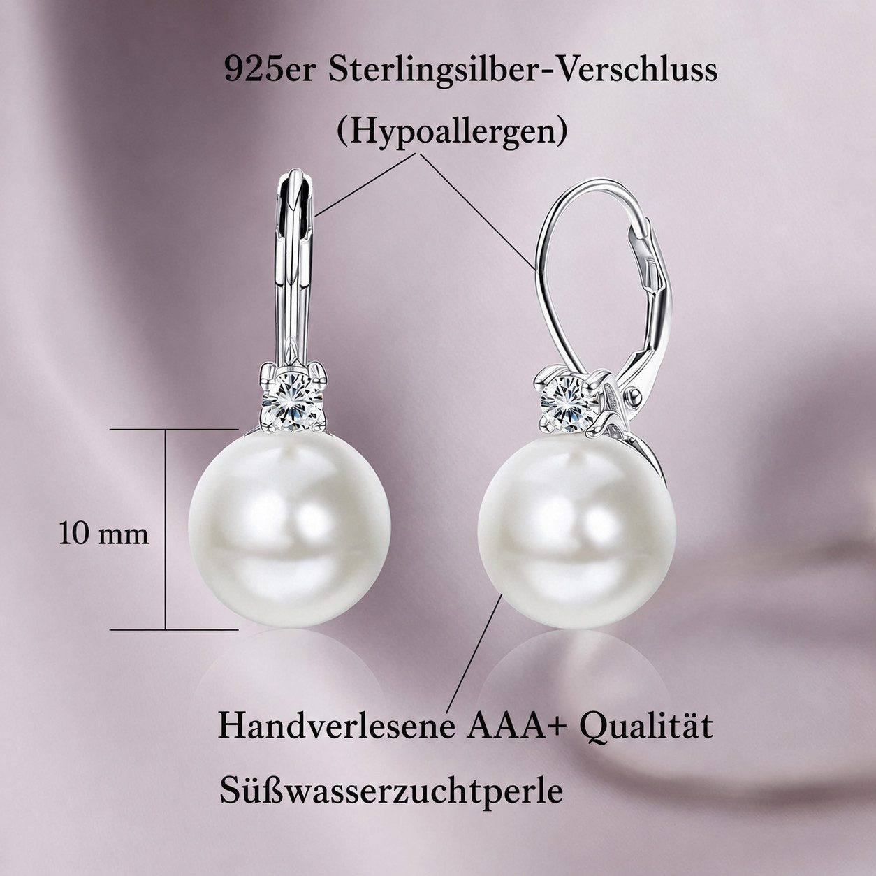 MOPUEA Perlenohrringe Perlen Ohrringe Damen Hängend 925 Sterling Silber Set (1-tlg), 5A Zirkonia Kristalle Ohrringe Leverback Ohrringe Perlenohrringe – Bild 3 von 5