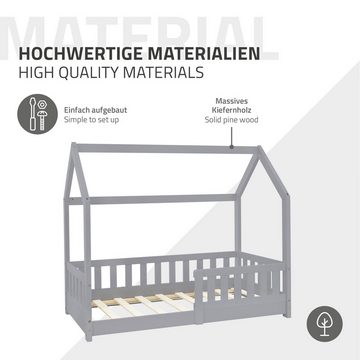 ML-DESIGN Kinderbett Hausbett mit Rausfallschutz, Dach und Lattenrost Massivholz, Bett 70x140 cm Hellgrau aus massivem Kiefernholz Mädchen Jungen