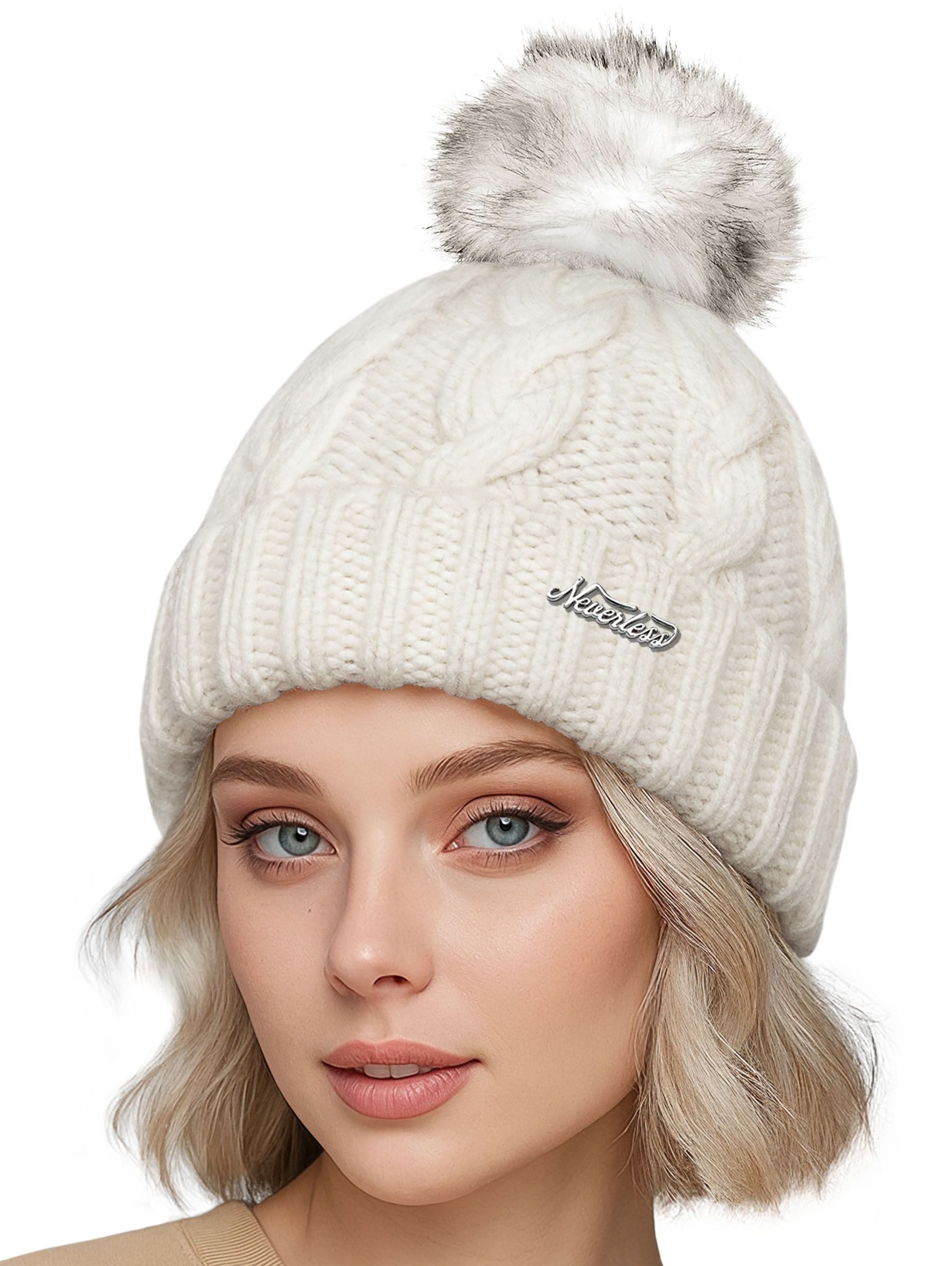 Neverless Strickmütze Damen Strickmütze mit Fleecefutter und Kunstfell Bommel Zopfmuster
