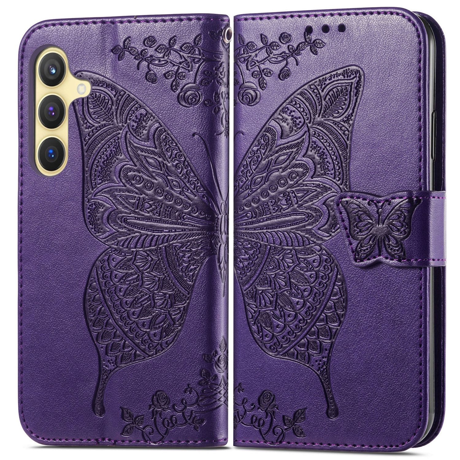 Wigento Smartphone-Hülle Für Samsung Galaxy S25 5G Kunstleder Wallet Schmetterling Hülle Lila, Kunst-Leder Schutzhülle Smart Case Cover magnetischer Verschluss