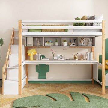 SOFTWEARY Hochbett mit Lattenrost, Stauraum und Schreibtisch (90x200 cm) Kinderbett mit Rausfallschutz, Kiefer