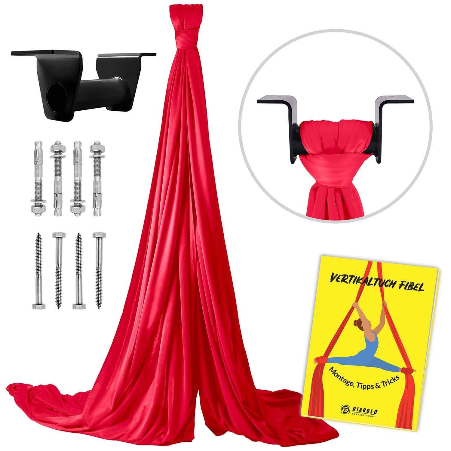 Diabolo Freizeitsport Nestschaukel Vertikaltuch 6m & 8m + Deckenhalterung, (Circus Silk 6 m rot mit Halterung für Akrobatik zuhause, Vertikaltuch mit Deckenhalterung), Aerial Silk Tuch Low-Stretch Polyester (rot), 6m + Deckenhalter (sw)